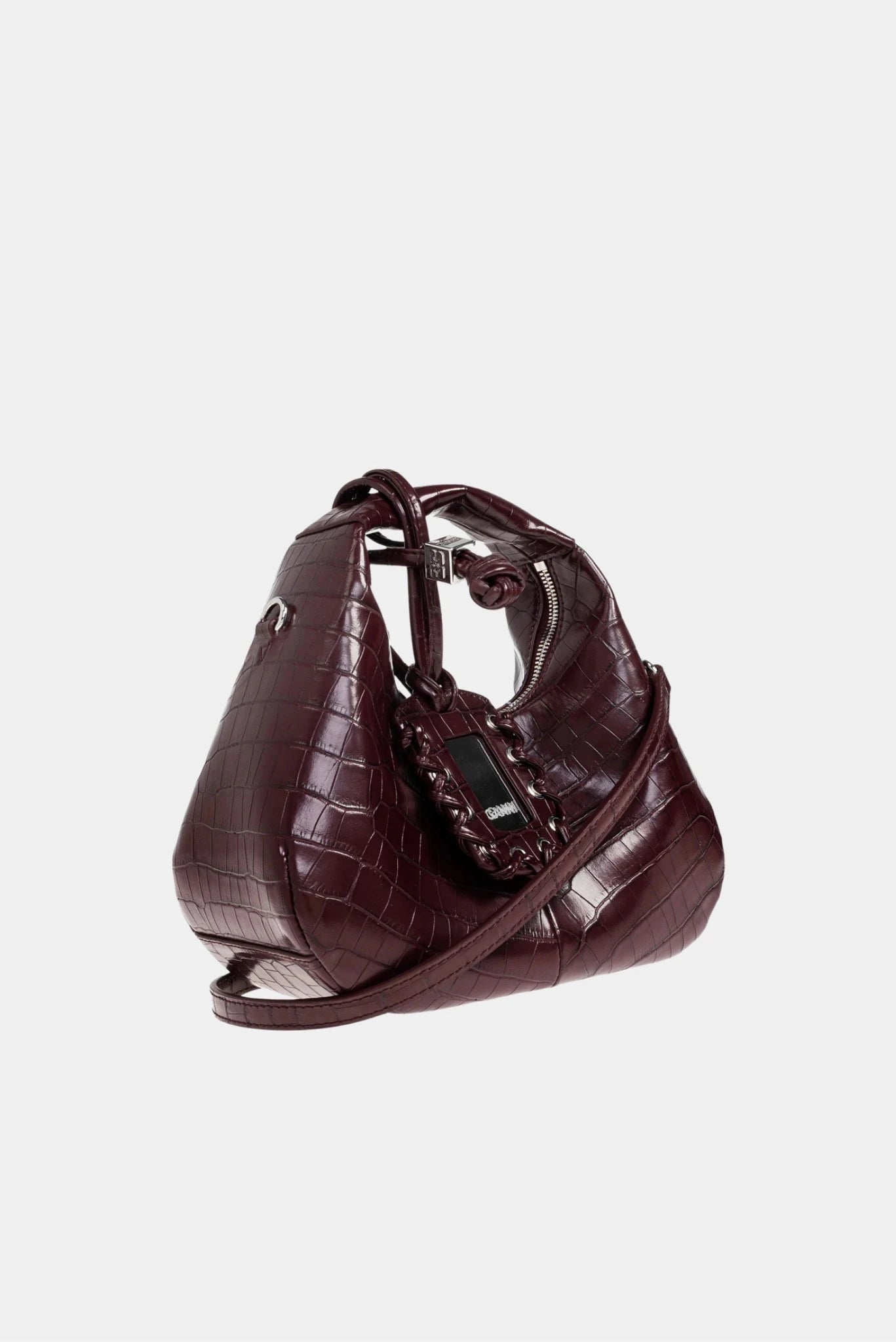 Bolsa hobo mini vinho com textura croco e formato estruturado curvo