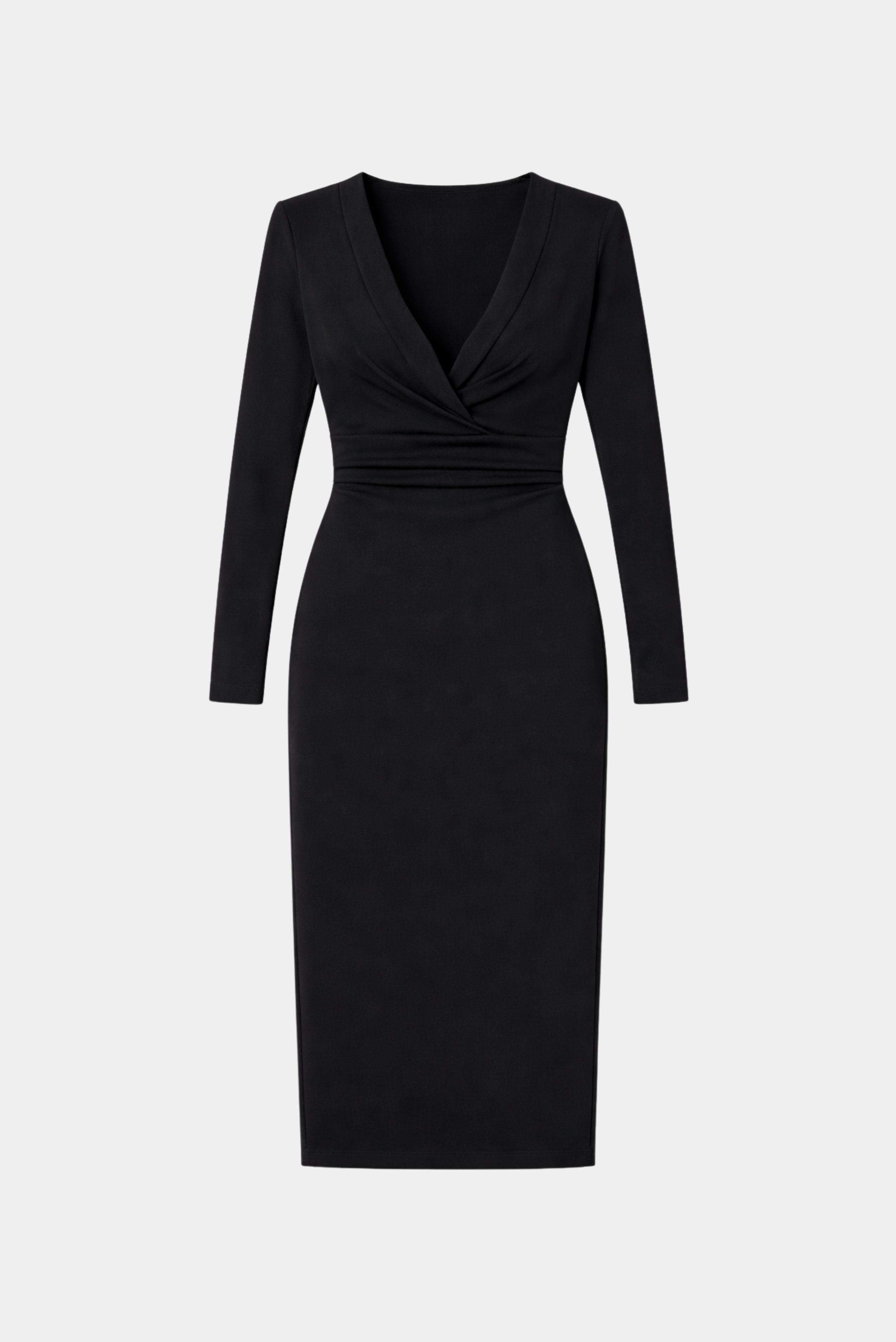 Vestido Malu Fabulous preto midi com mangas longas e decote transpassado