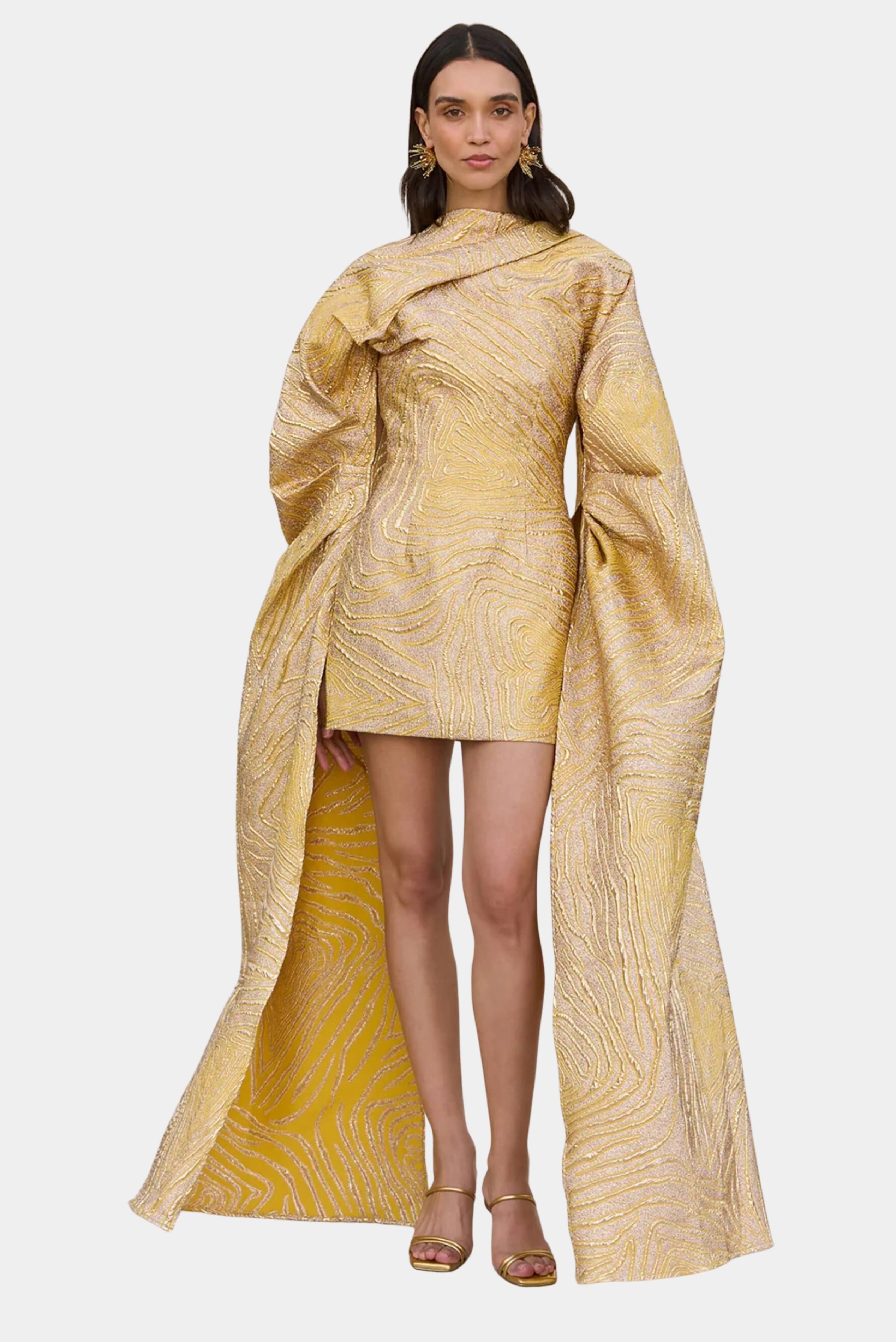 Vestido de festa mini dourado Cult Gaia com mangas longas volumosas e gola alta