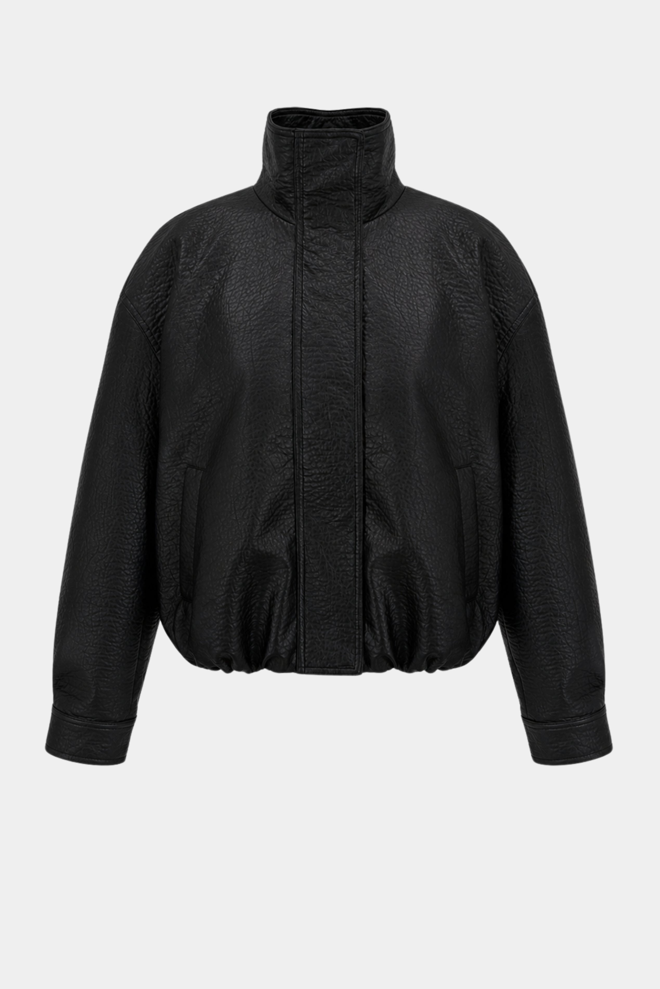 Jaqueta Philo MR em couro preto com gola alta, modelagem oversized e bolsos laterais