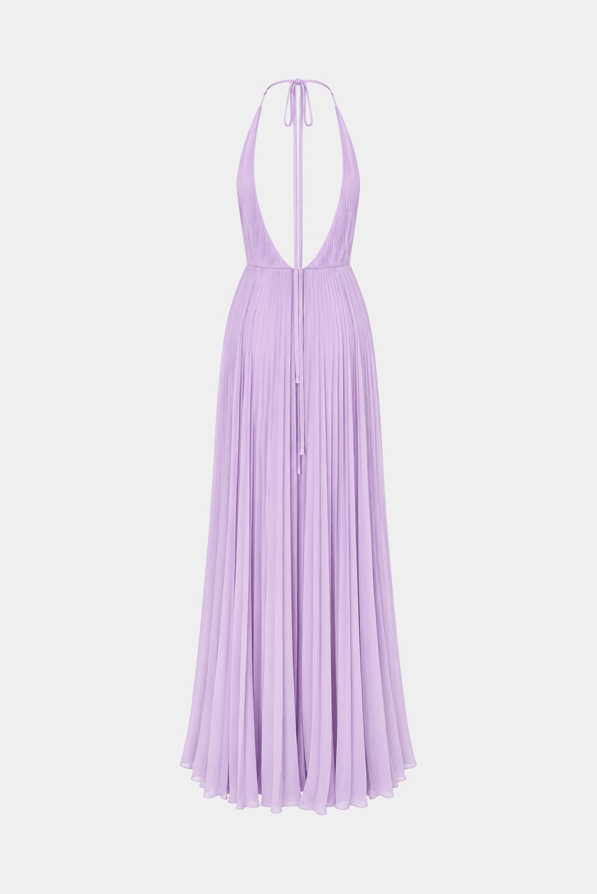 Vestido Fátima Scofield lilás plissado visto de costas com decote aberto e amarração