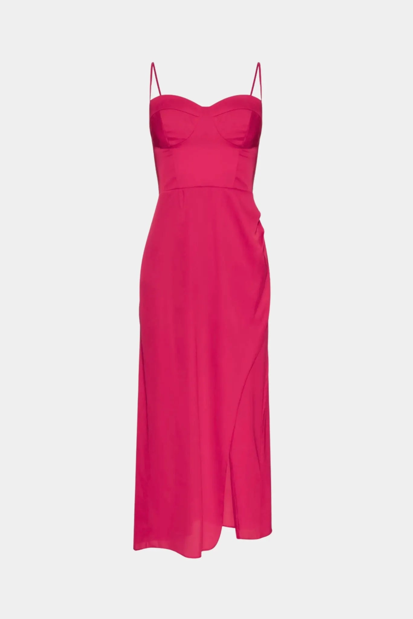 Vestido midi Annabelle Gaia rosa pink com alças finas, busto estruturado e fenda frontal
