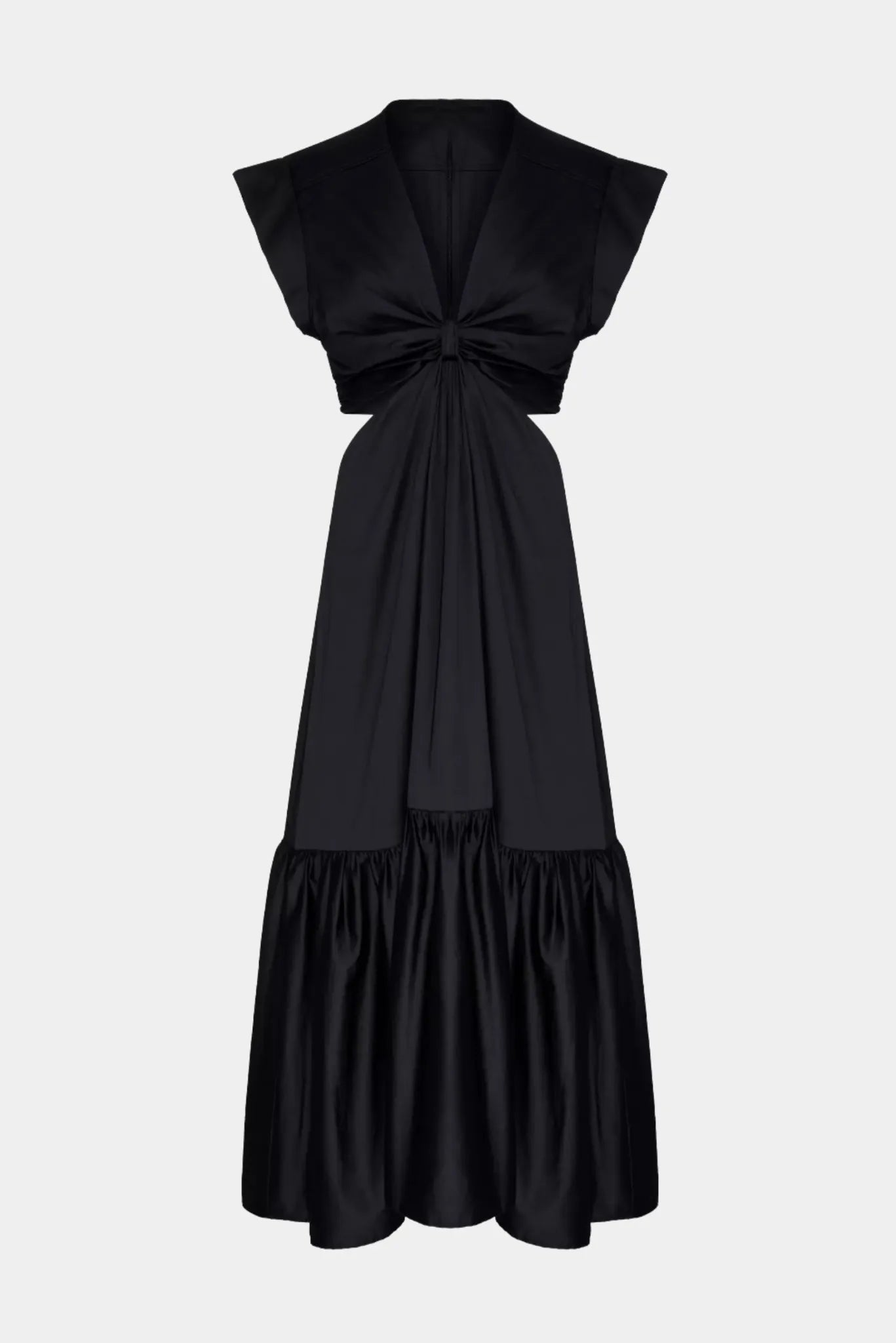 Vestido Longo Vicky Gaia preto com decote V profundo, cintura vazada e modelagem fluida