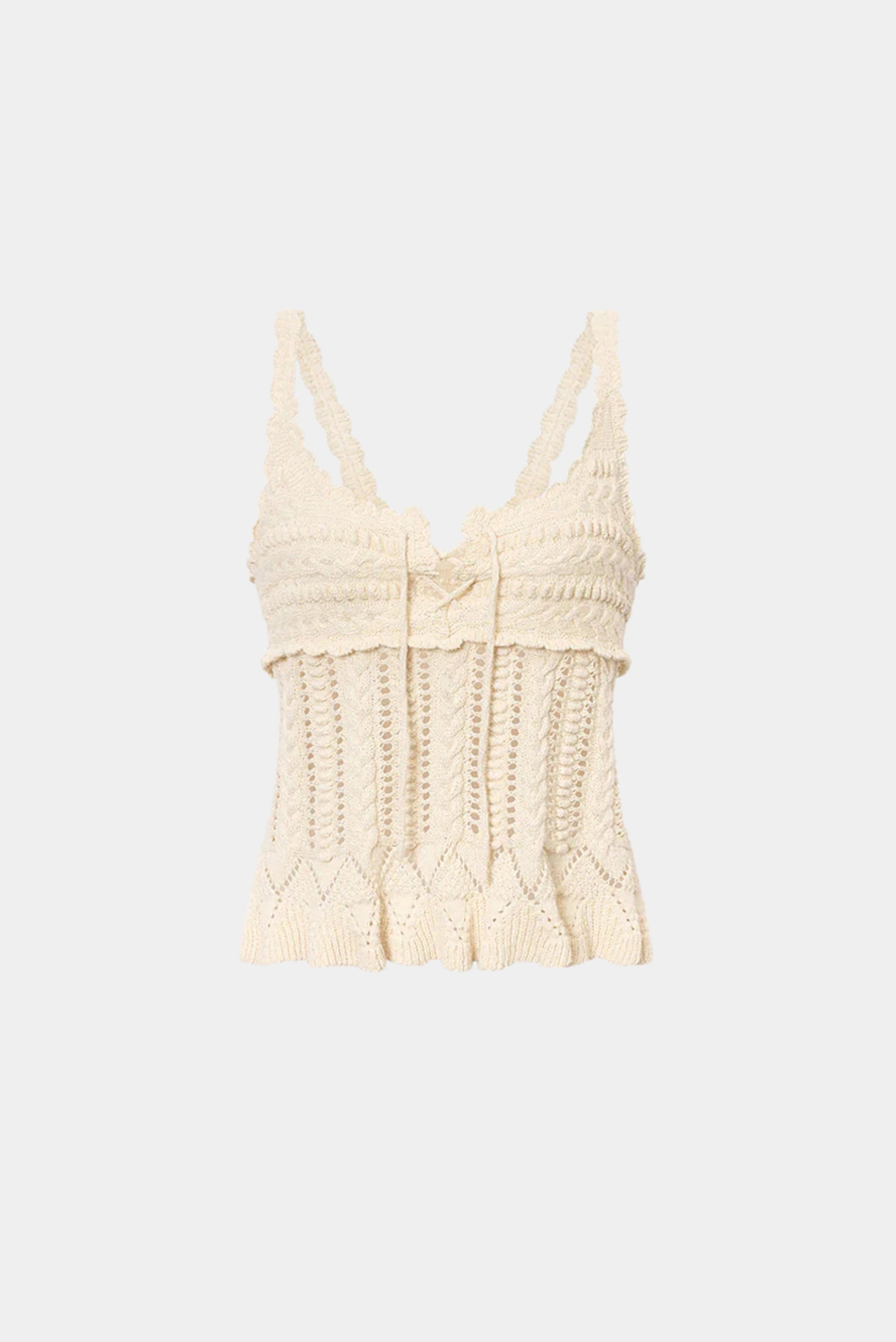 Top crochet bege Isabel Marant com alças finas e detalhe de amarração frontal