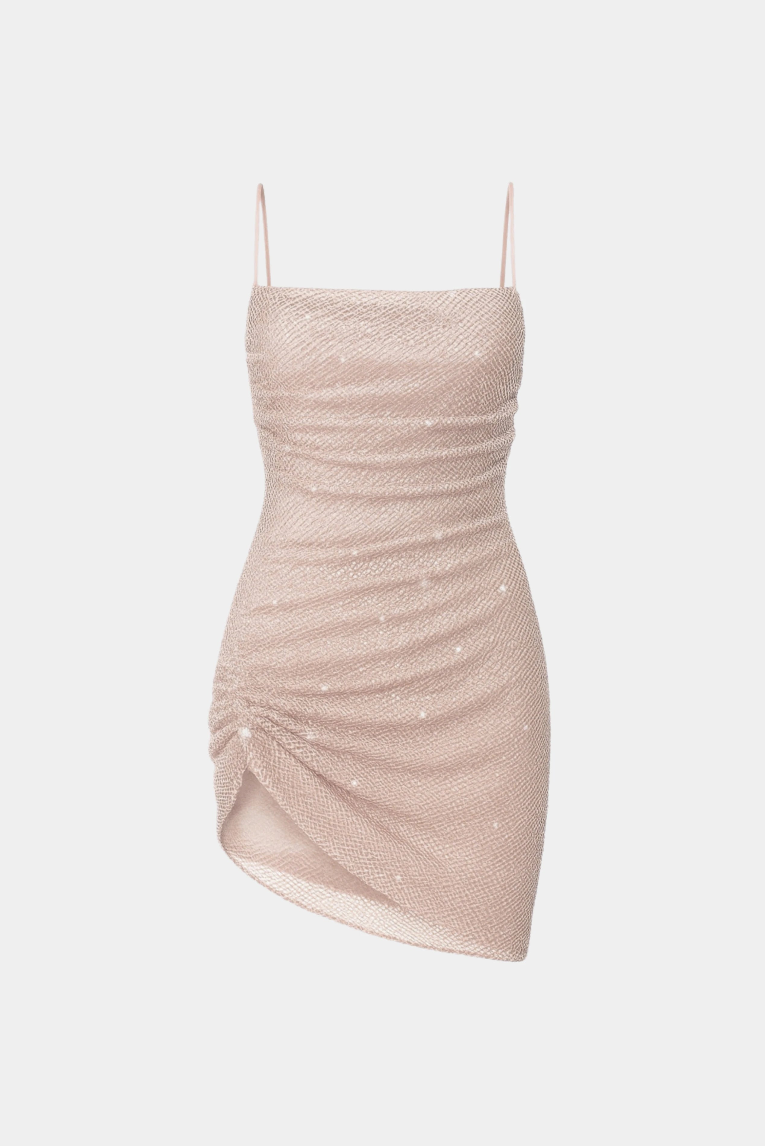 Vestido Paetê Martine Gaia nude rosé com alças finas, drapeado frontal e barra assimétrica