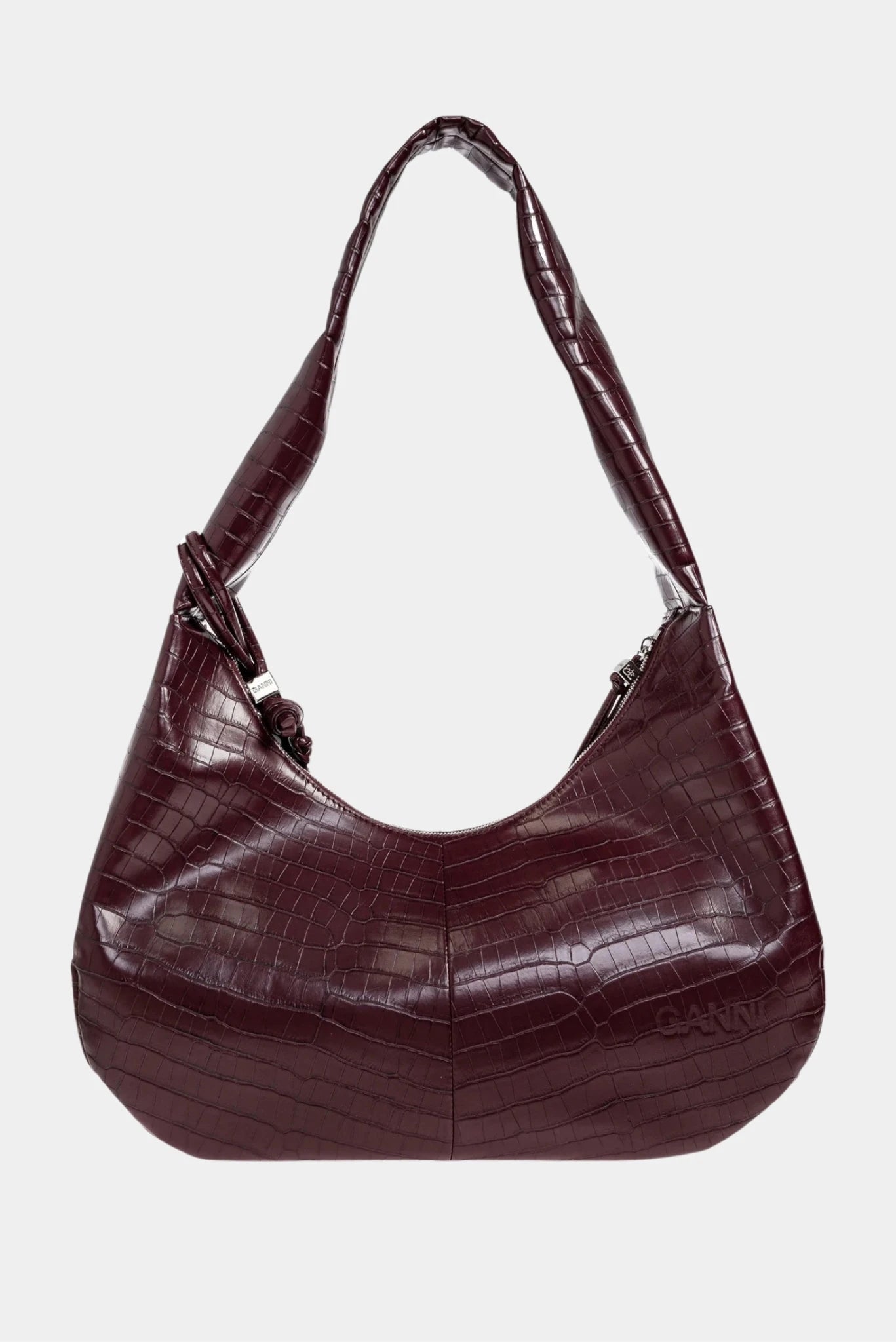 Vista traseira da bolsa hobo Ganni vinho com acabamento croco