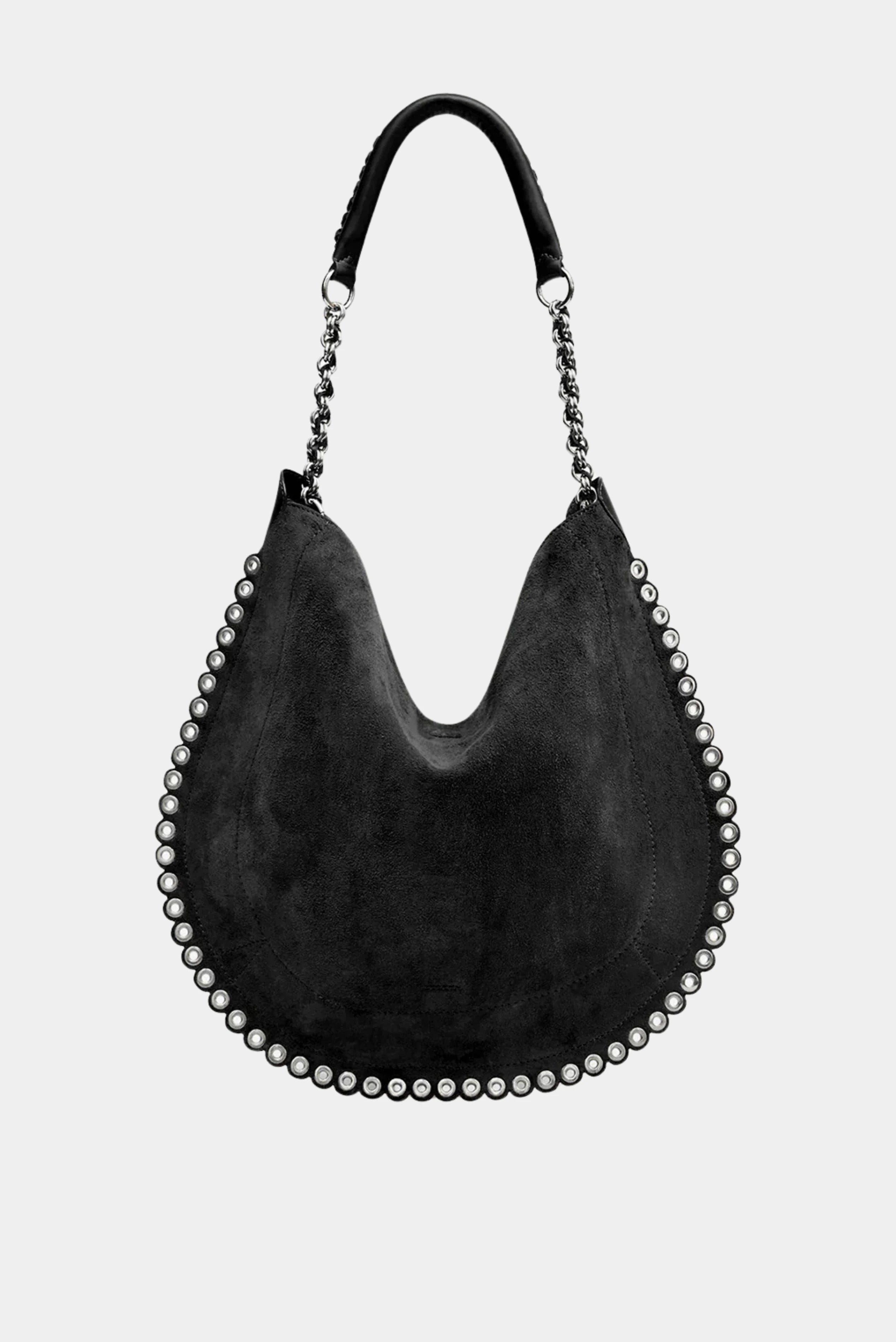 Bolsa hobo Isabel Marant Oskan em camurça preta com aplicação de ilhoses metálicos