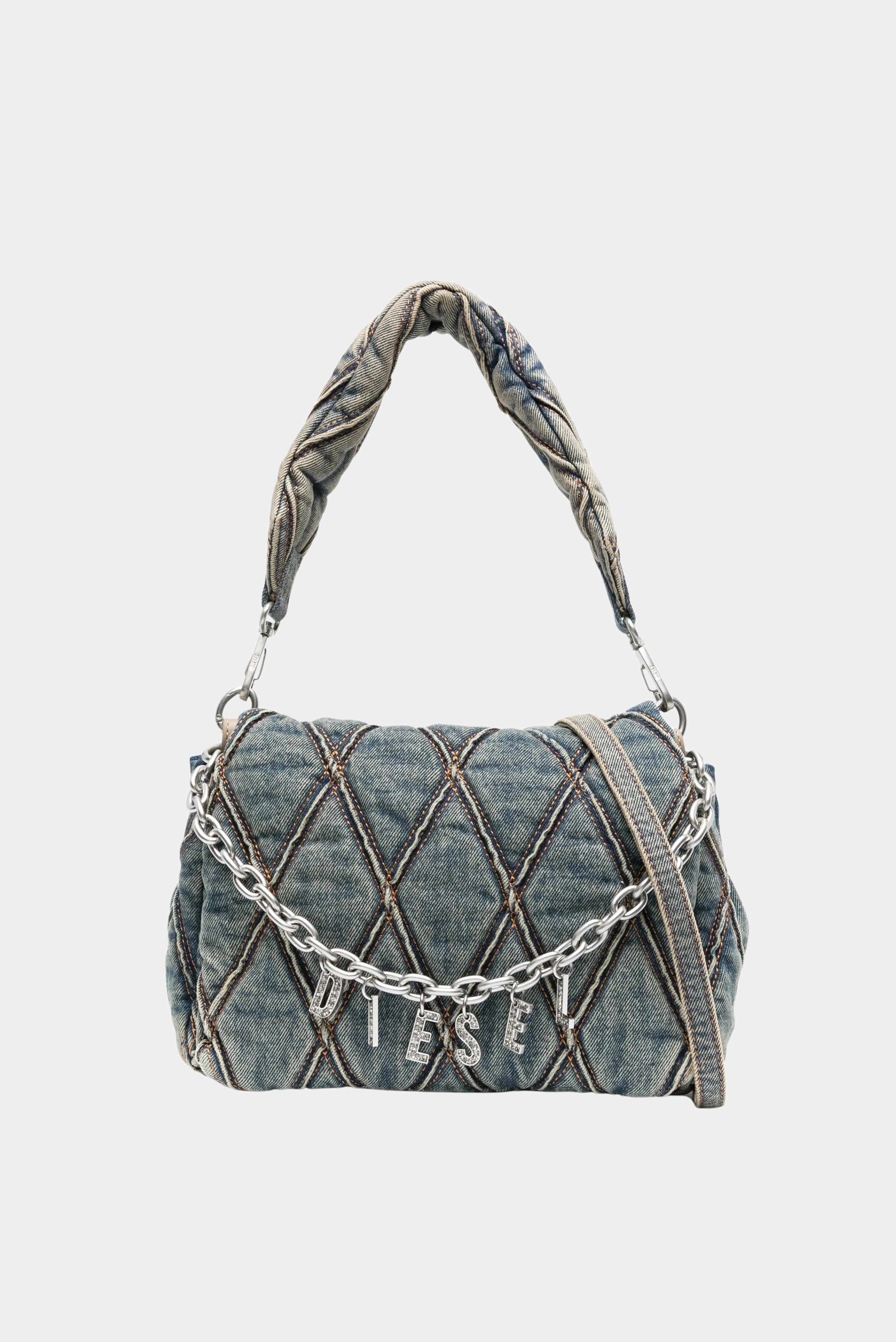 Bolsa Charm Shoulder Diesel em jeans matelassado com corrente metálica e alça curta