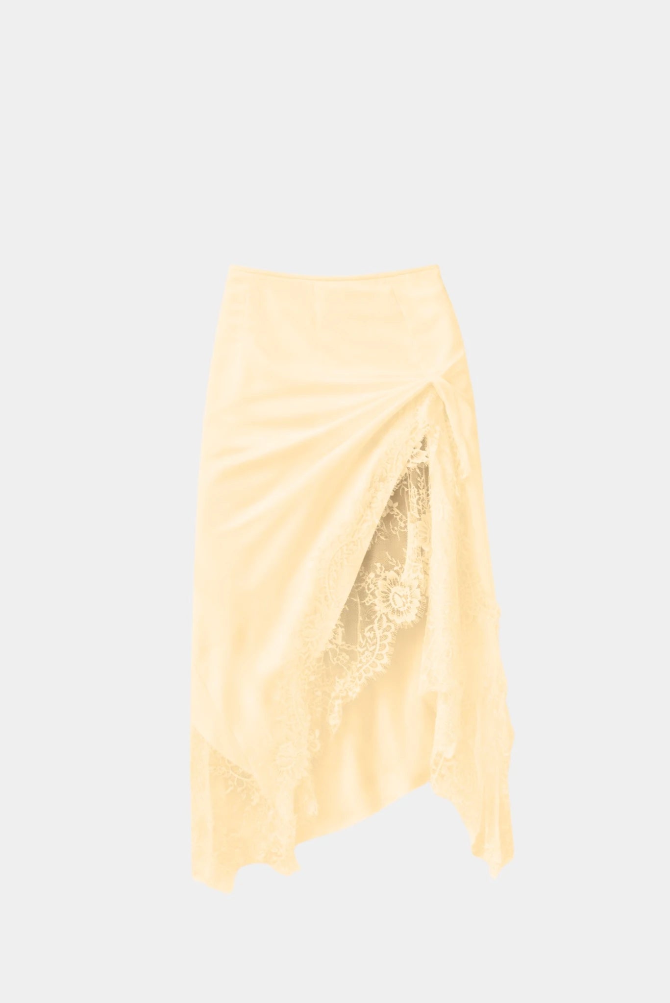 Saia Rosalia Gaia amarelo manteiga com detalhe drapeado, renda floral e caimento assimétrico