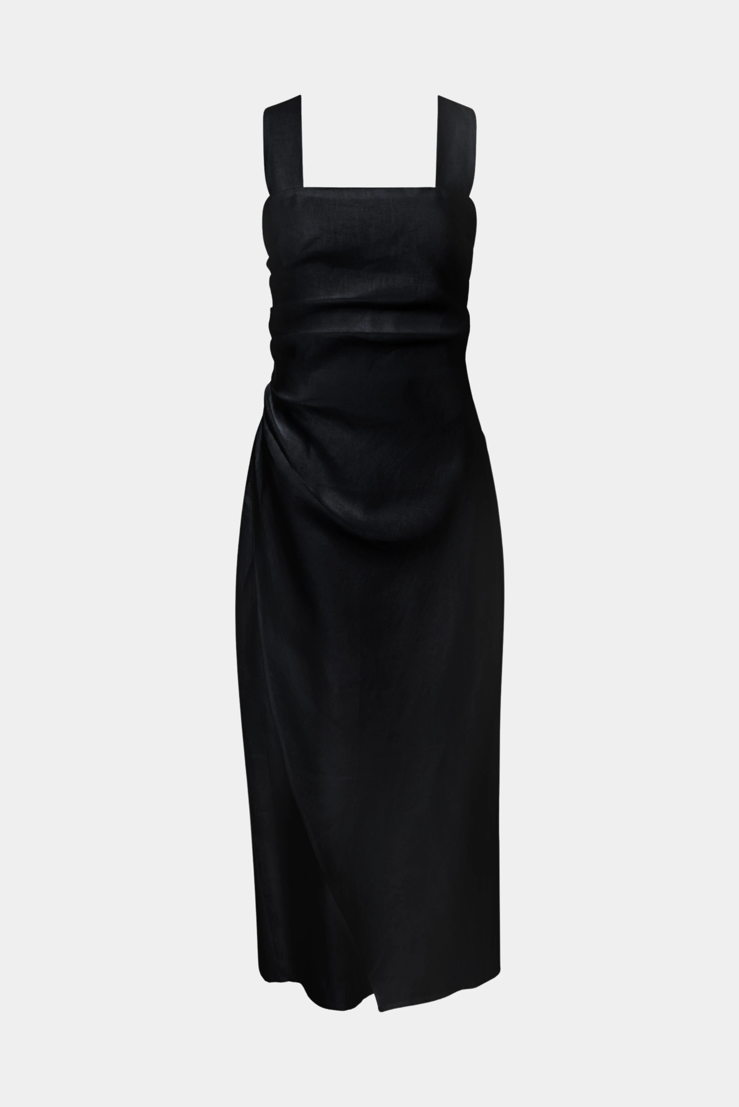 Vestido Ombre Gaia preto midi com decote reto, drapeado frontal e saia transpassada