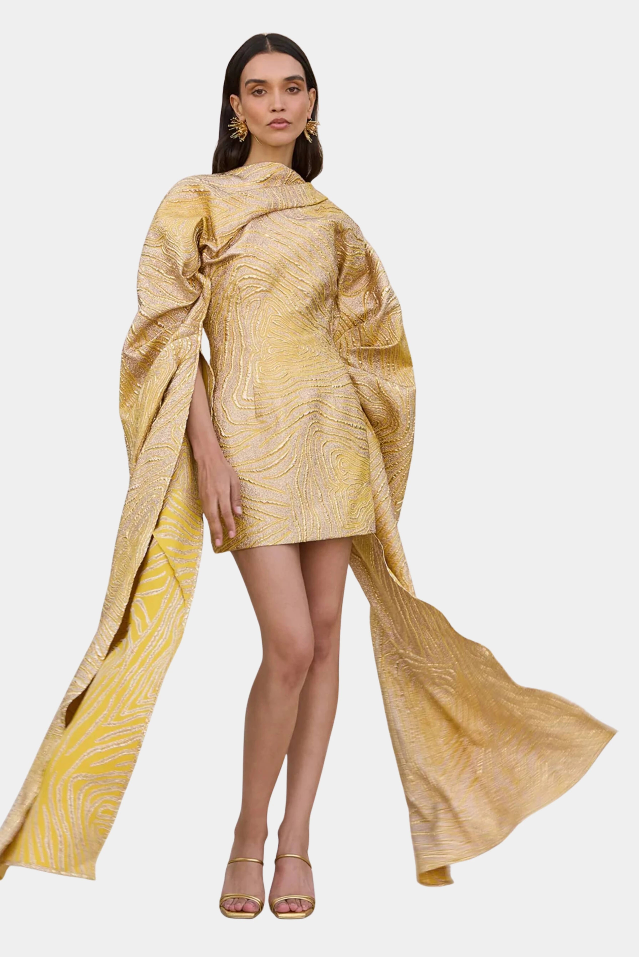 Vestido de festa curto dourado Cult Gaia com mangas dramáticas e tecido metalizado