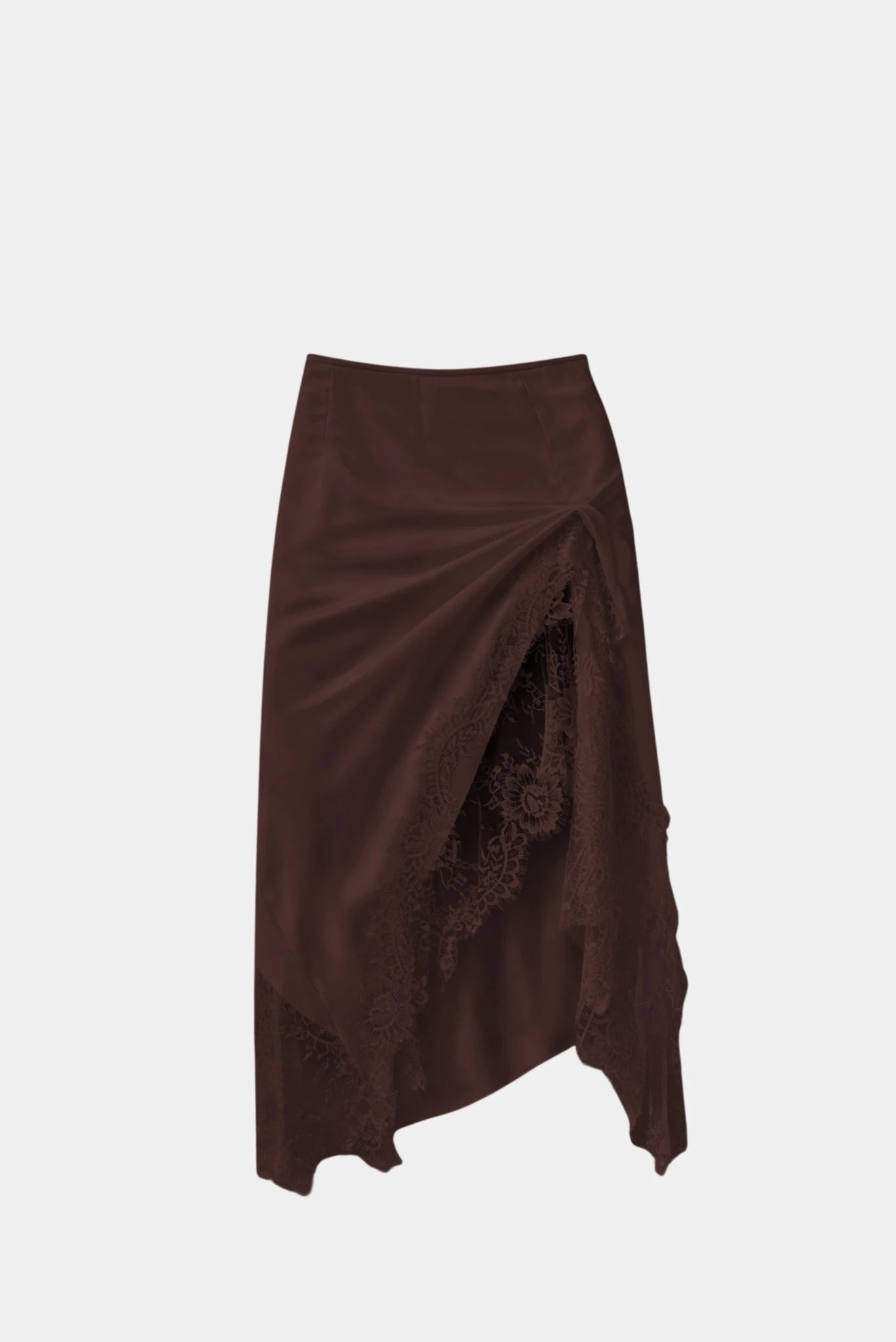 Saia Rosalia Gaia marrom com renda floral aparente, drapeado lateral e modelagem assimétrica