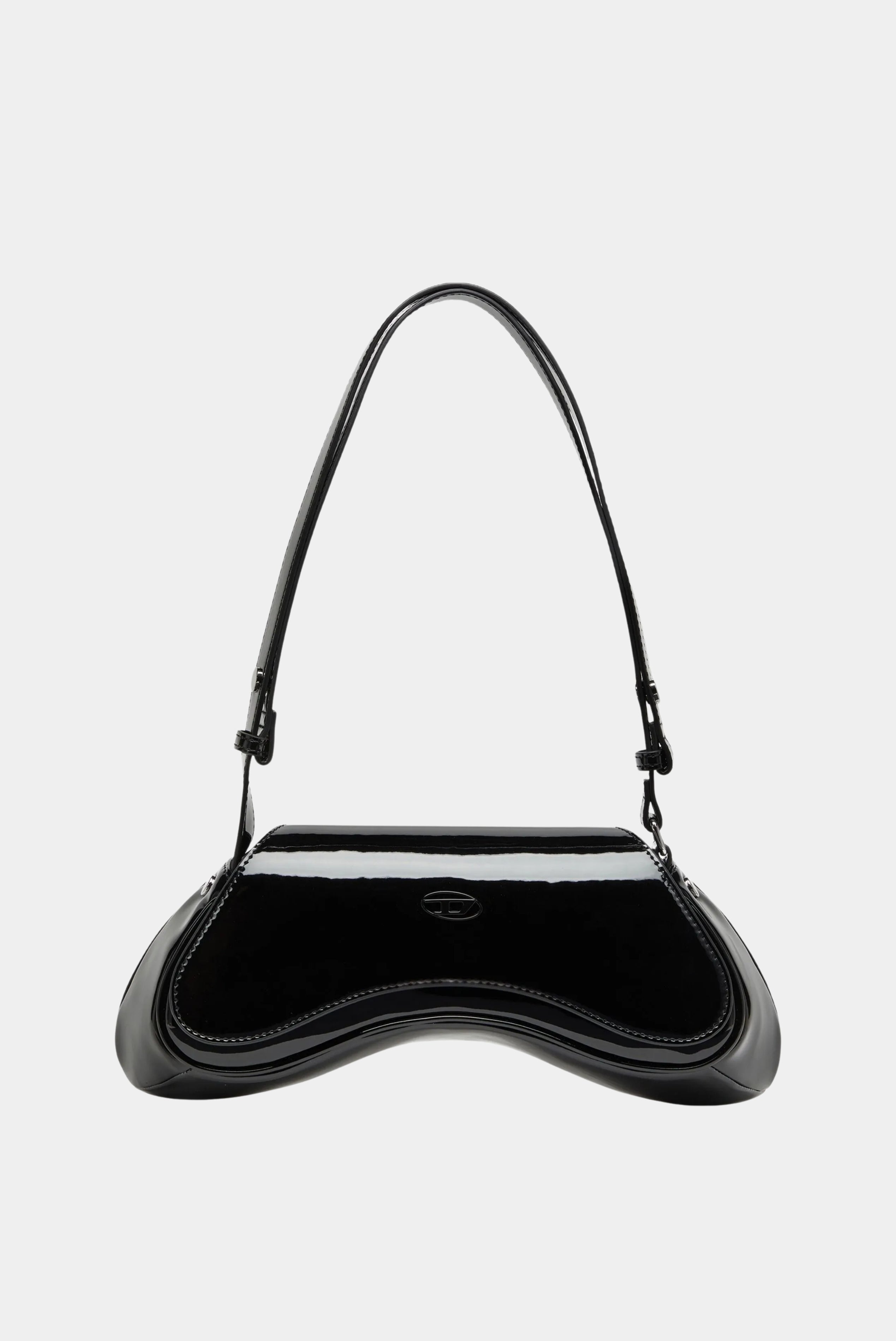 Bolsa shoulder Diesel preta em acabamento brilhante com design curvo e alça fina