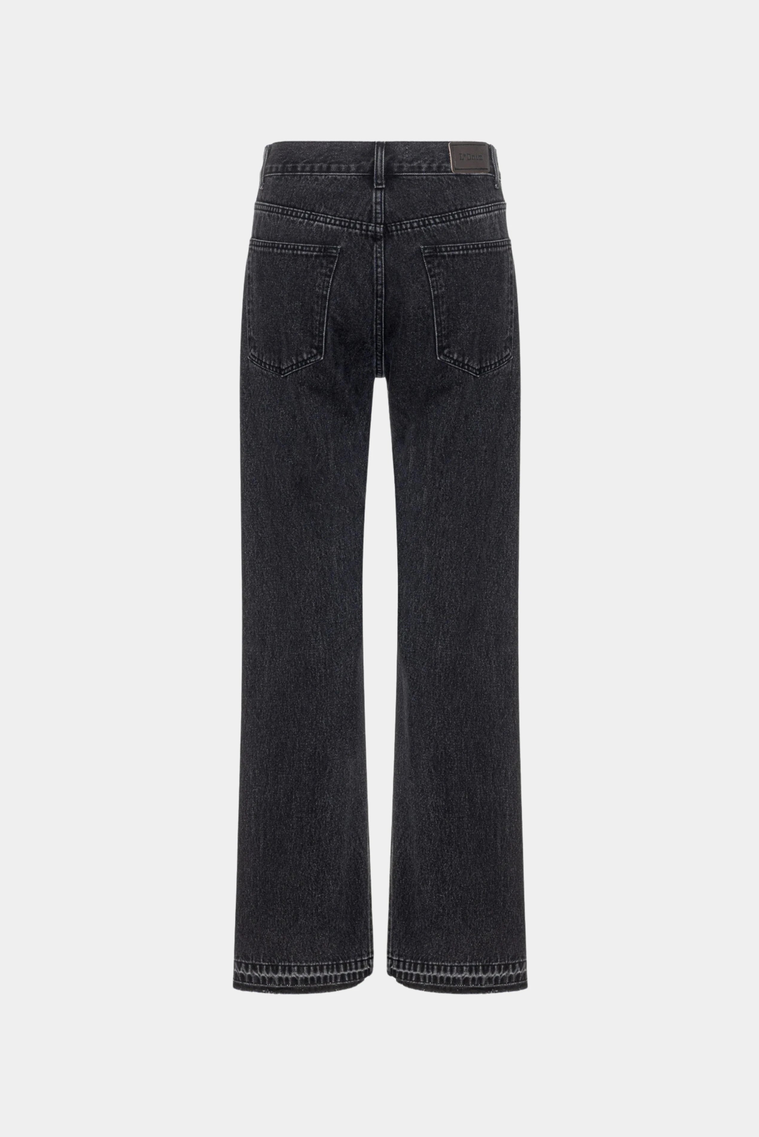 Costas da calça jeans 90s preta de cintura alta com bolsos traseiros e modelagem reta LDnim