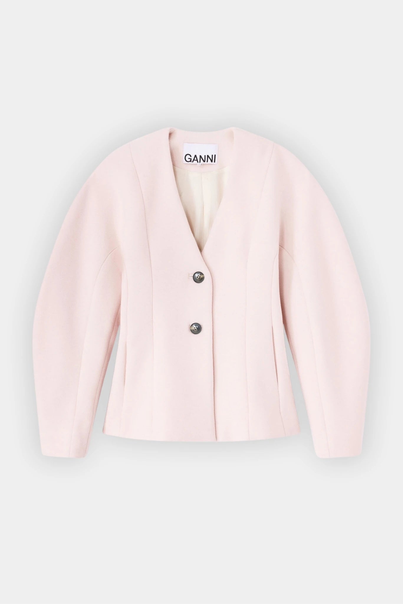 Blazer Ganni rosa-claro em lã com fechamento por dois botões e decote V