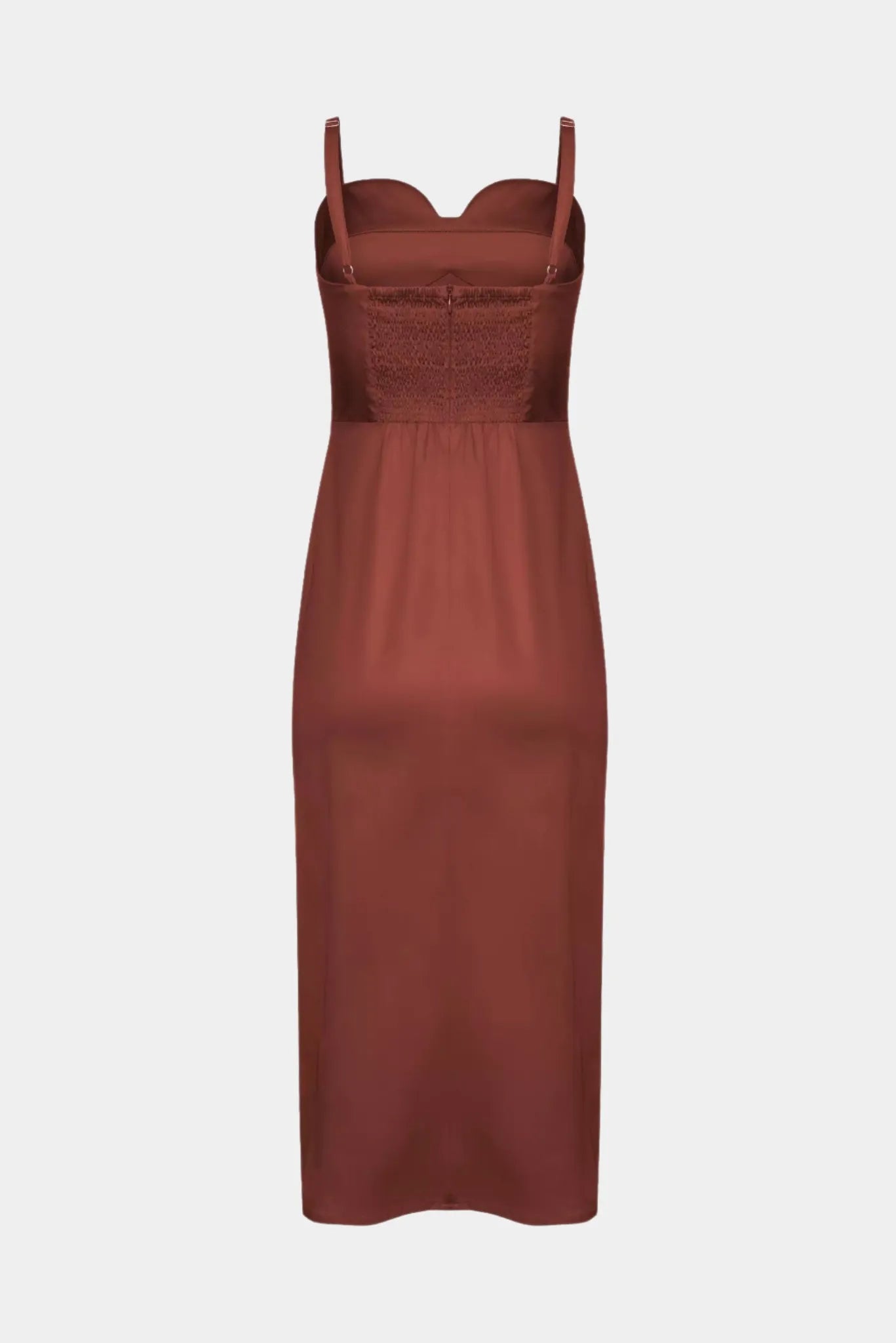Costas do Vestido Midi Lia Gaia marrom com alças finas reguláveis e detalhe em lastex