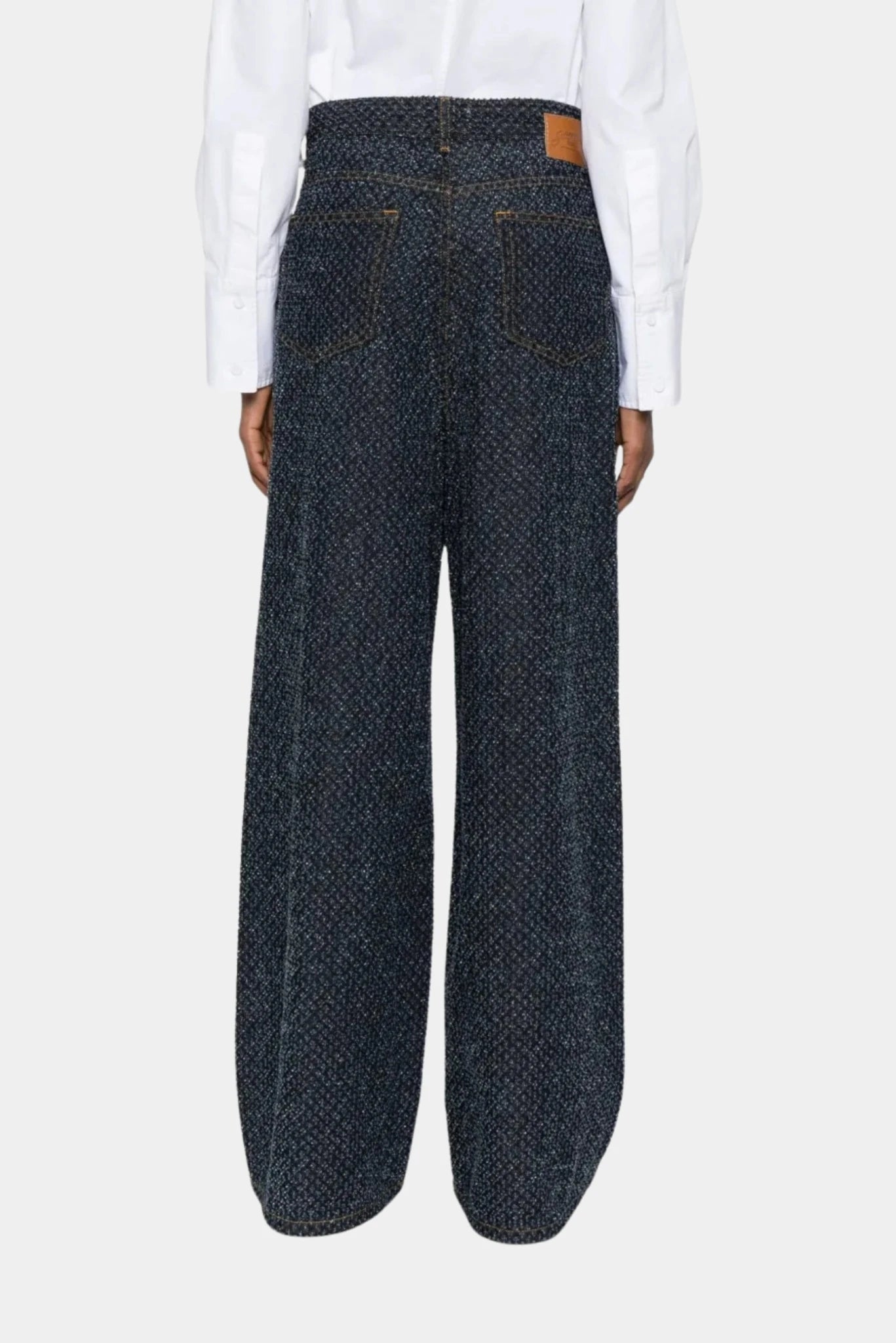 Vista traseira da calça jeans tweed Ganni azul escuro com modelagem ampla
