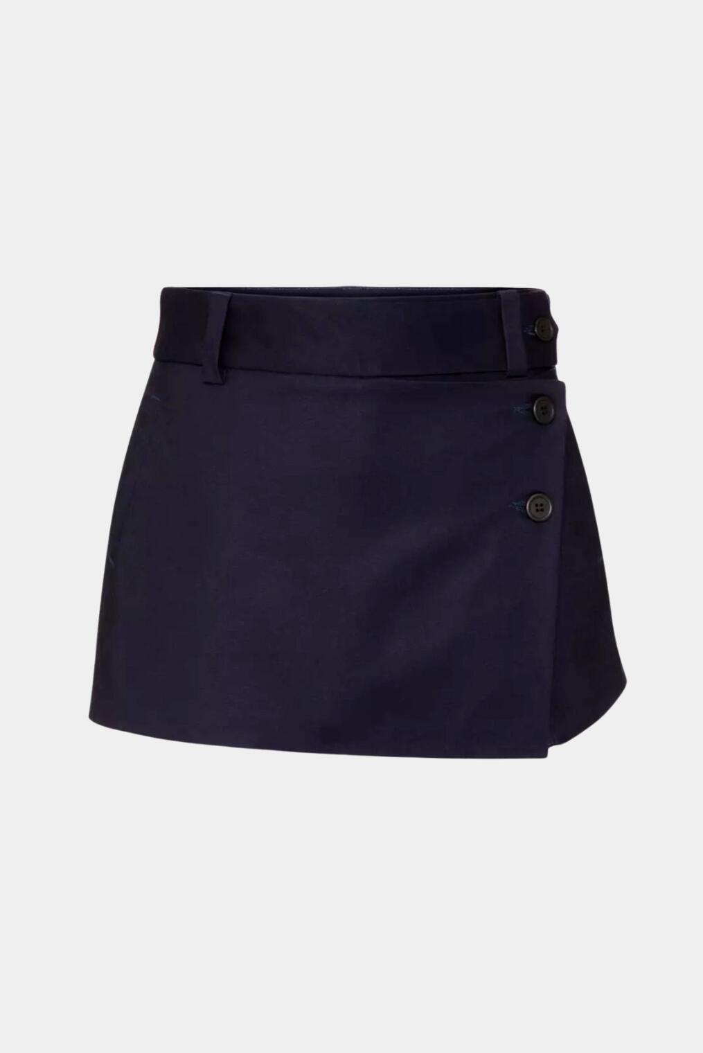 Short saia Gio MR azul-marinho com modelagem estruturada, transpasse e cintura alta