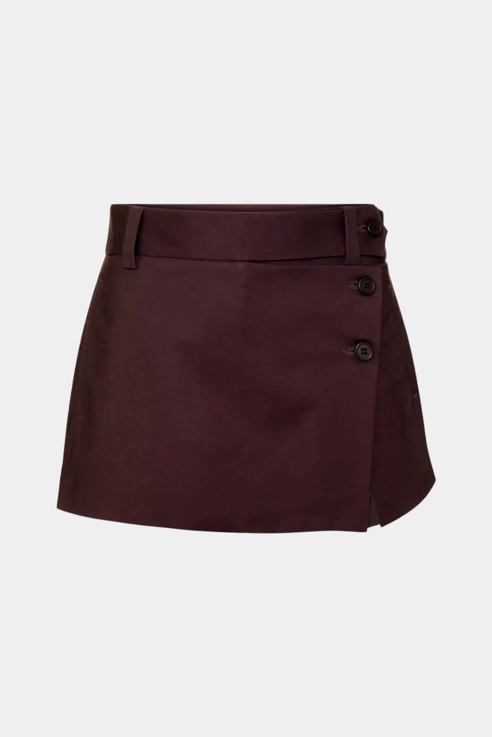 Short saia Gio MR vinho com design transpassado, cintura estruturada e acabamento refinado