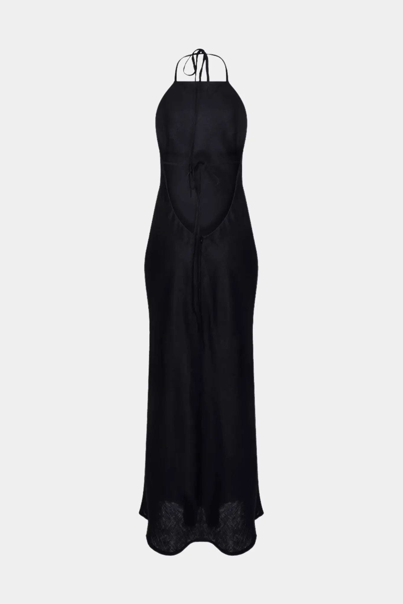 Costas do vestido longo Amalfi Gaia preto com decote profundo e amarração