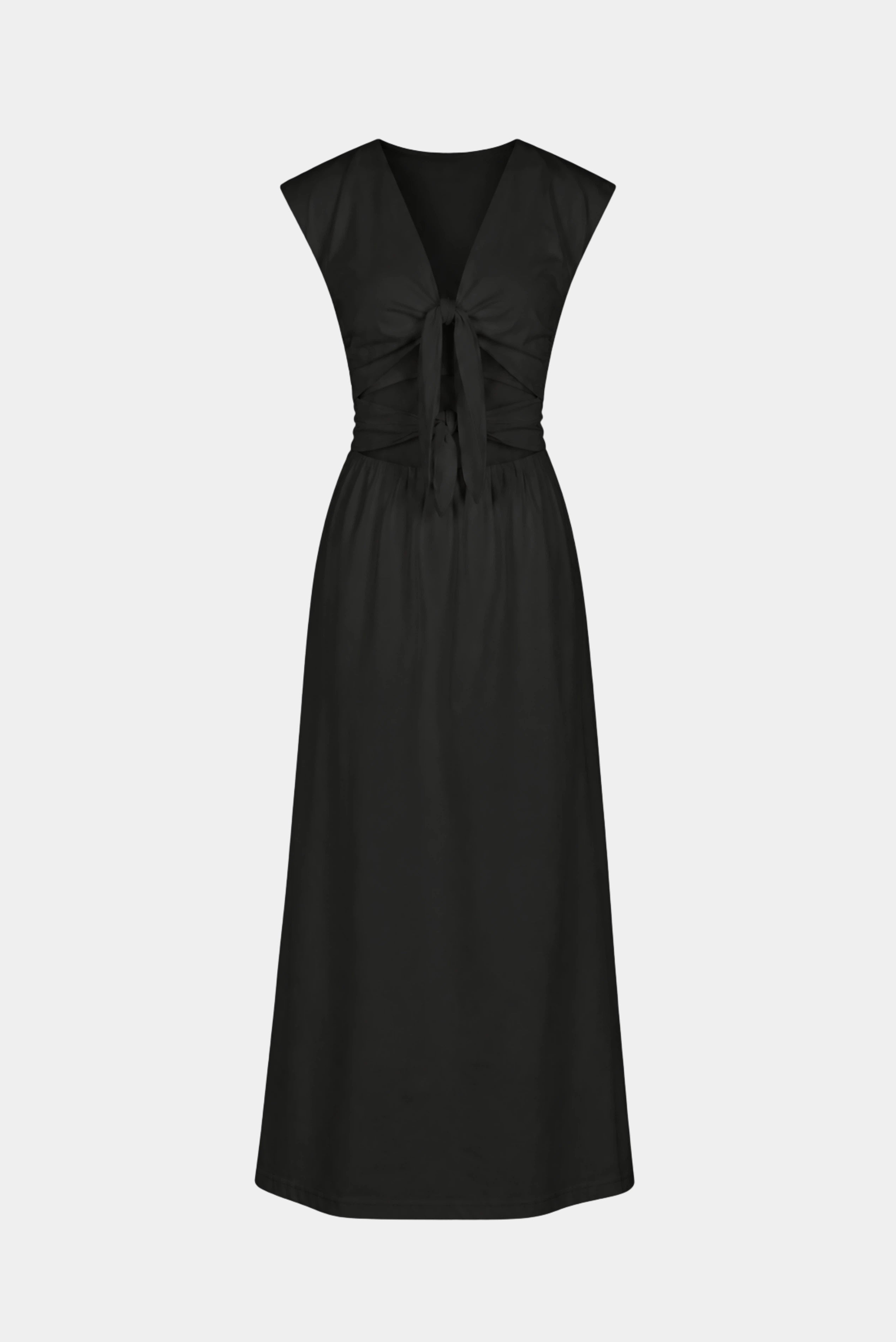 Vestido longo Elina Gaia preto com decote V profundo, amarração frontal e cintura drapeada