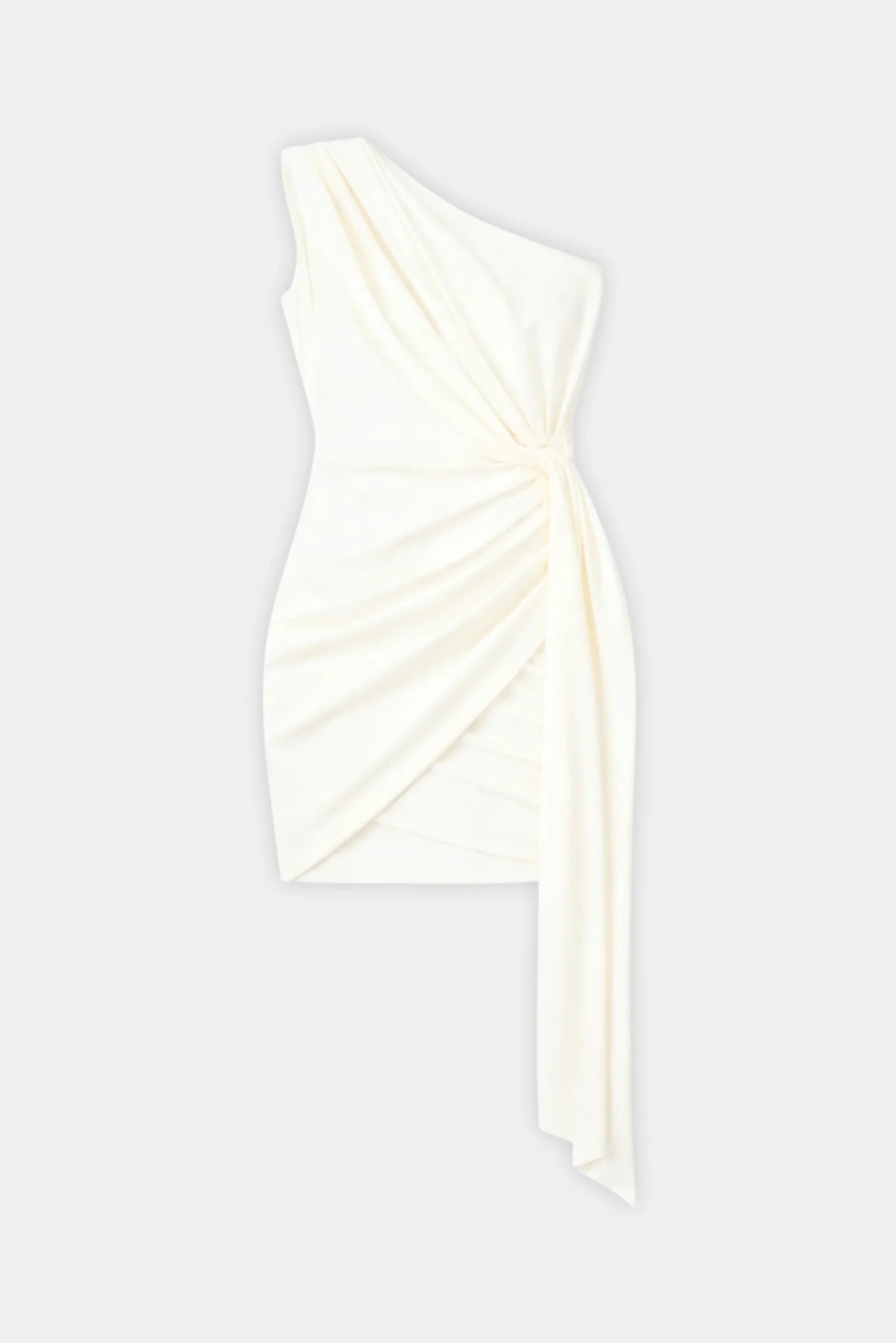 Vestido Curto Alice off-white de um ombro só com pregas e faixa drapeada lateral fabulous