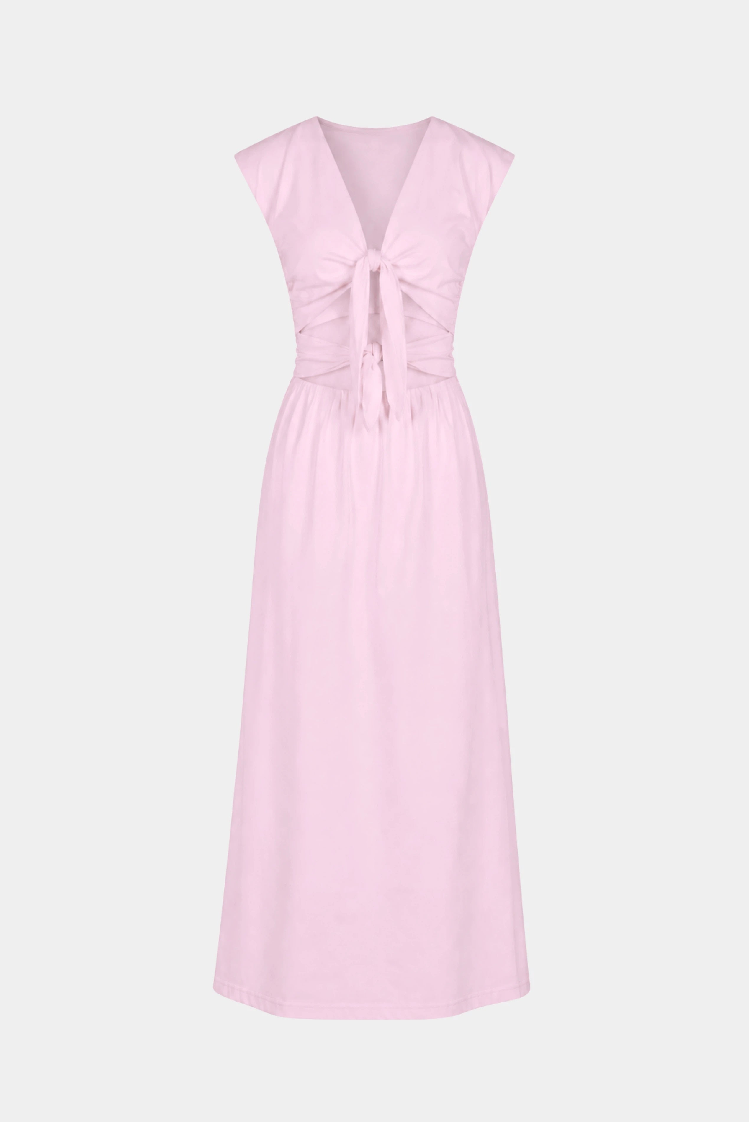Vestido longo Elina Gaia rosa claro com decote V profundo, amarração frontal e cintura drapeada