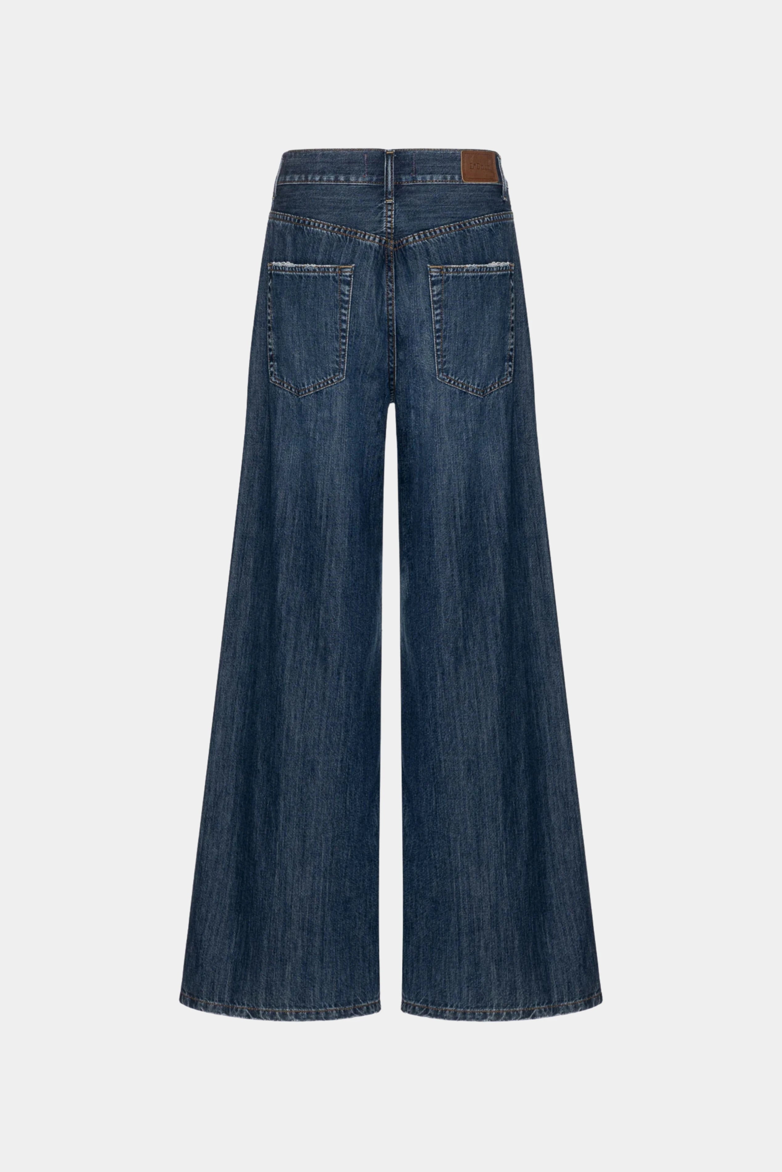 Costas da calça jeans azul palazzo com bolsos traseiros e modelagem ampla