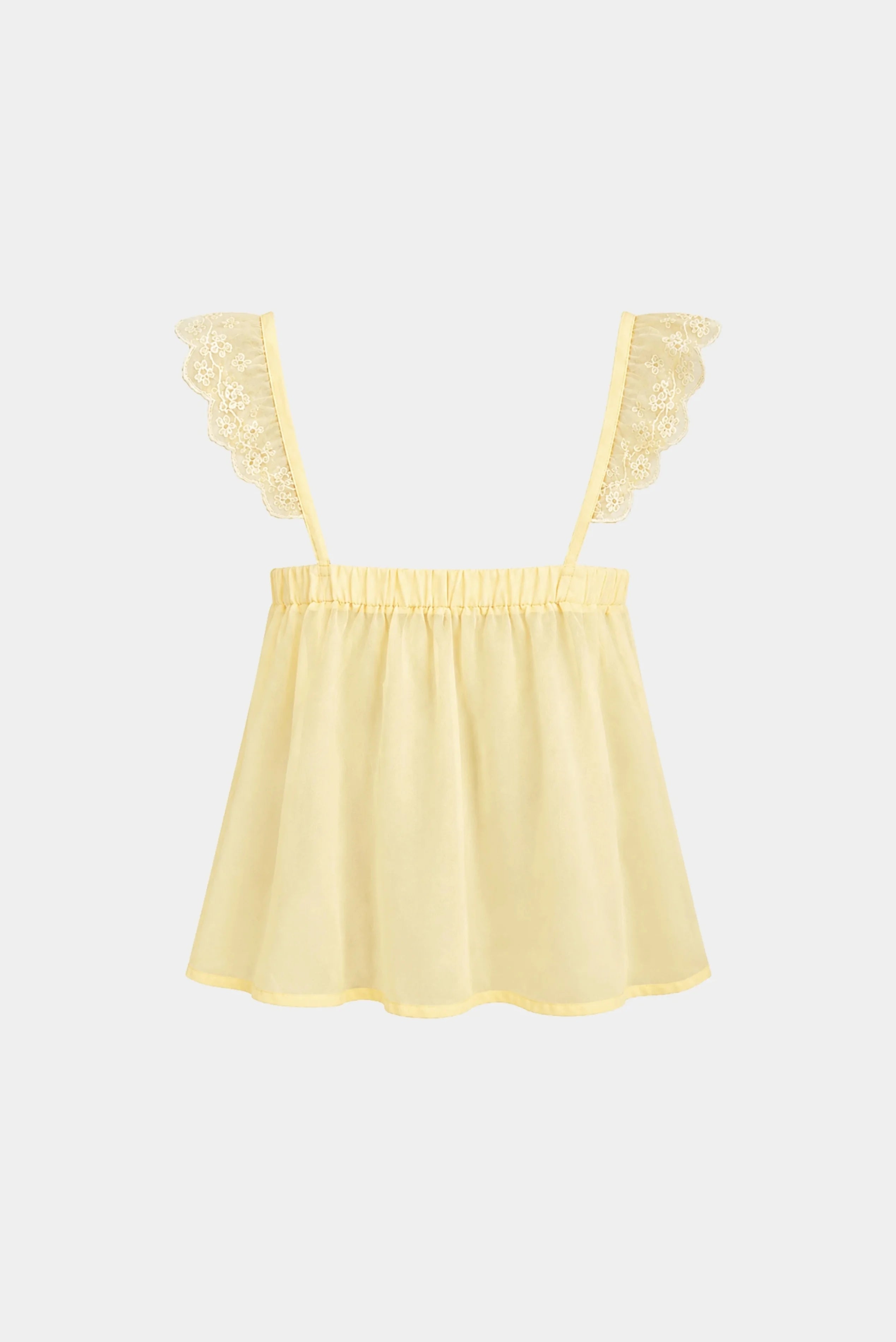 Costas da Blusa Cloe Gaia amarelo claro com alças rendadas delicadas
