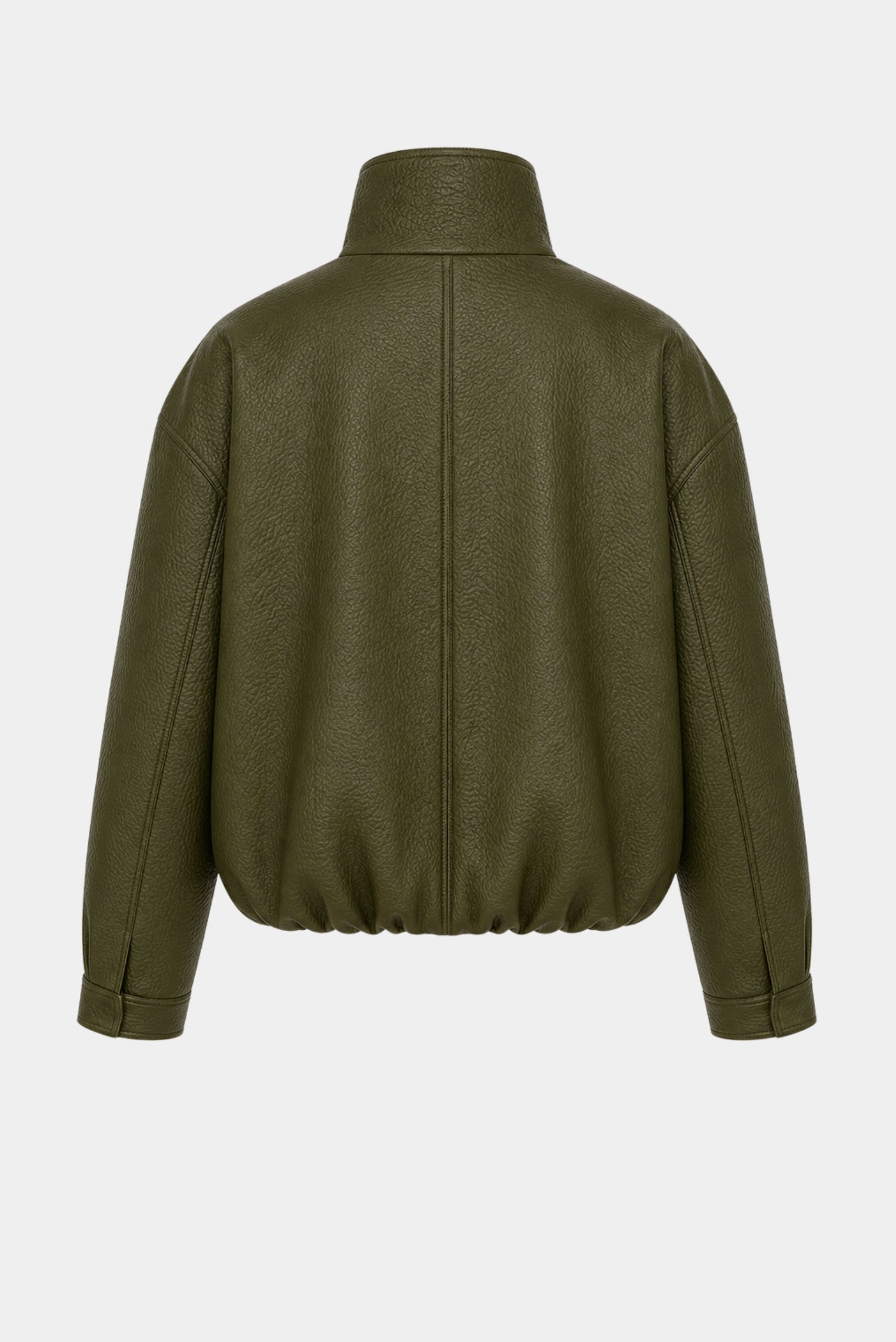 Costas da jaqueta Philo MR em couro verde militar com modelagem oversized e barra ajustada