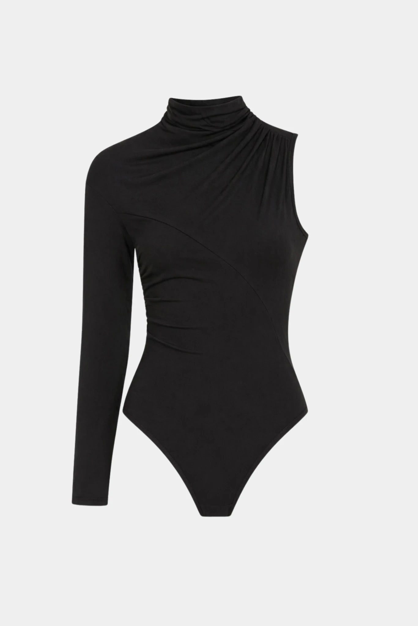 Body assimétrico preto com gola alta e manga longa única