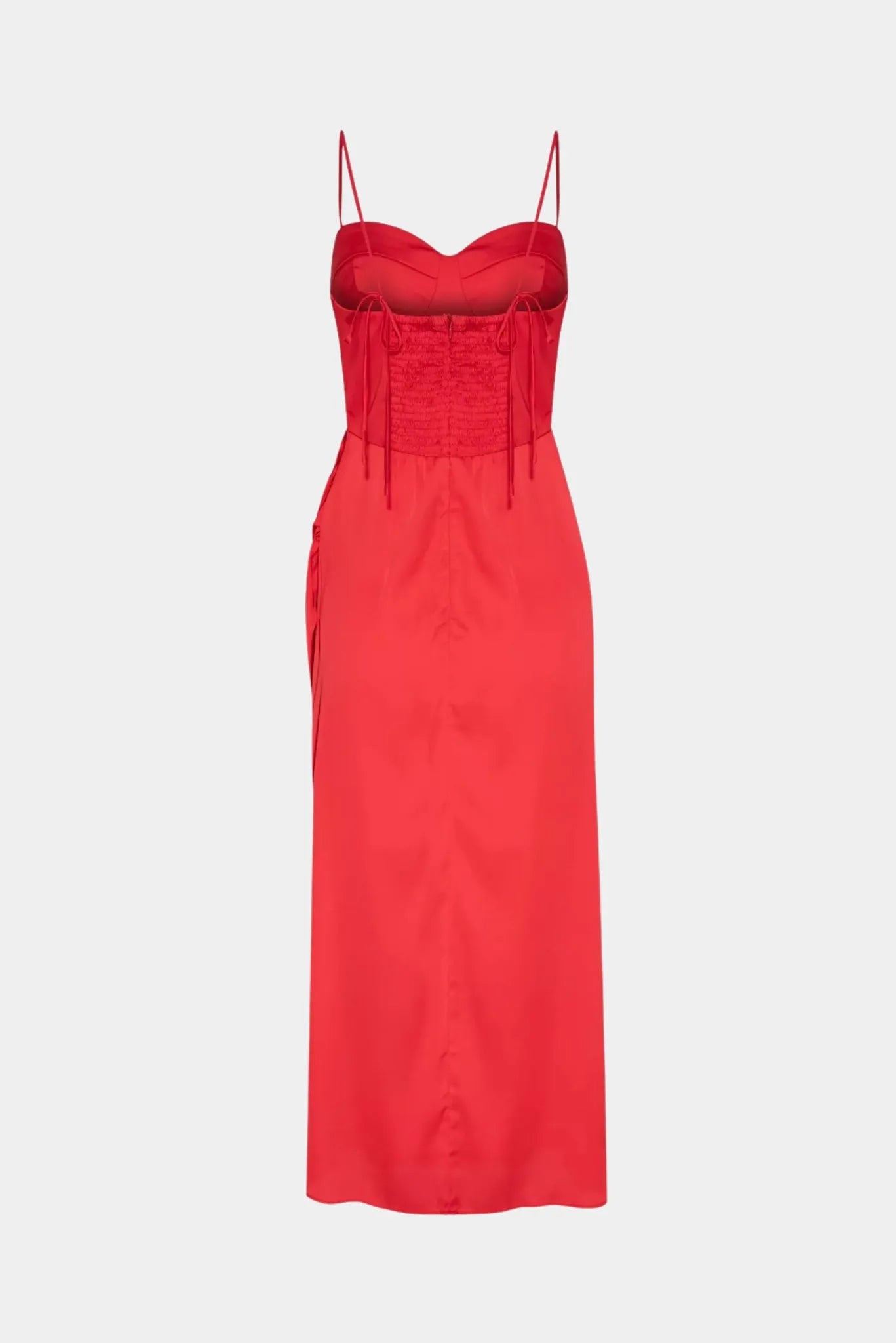 Costas do vestido midi Annabelle Gaia vermelho com lastex e amarrações laterais