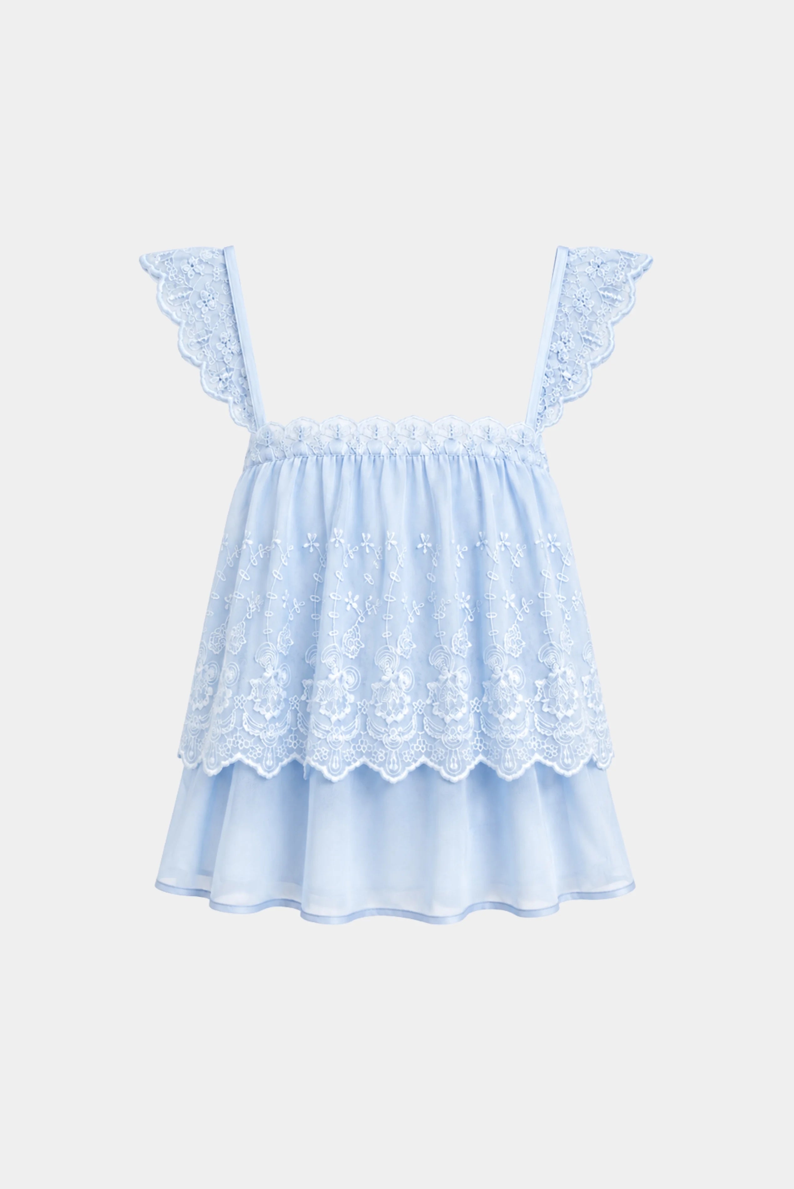 Blusa Cloe Gaia azul claro com renda floral bordada e alças delicadas