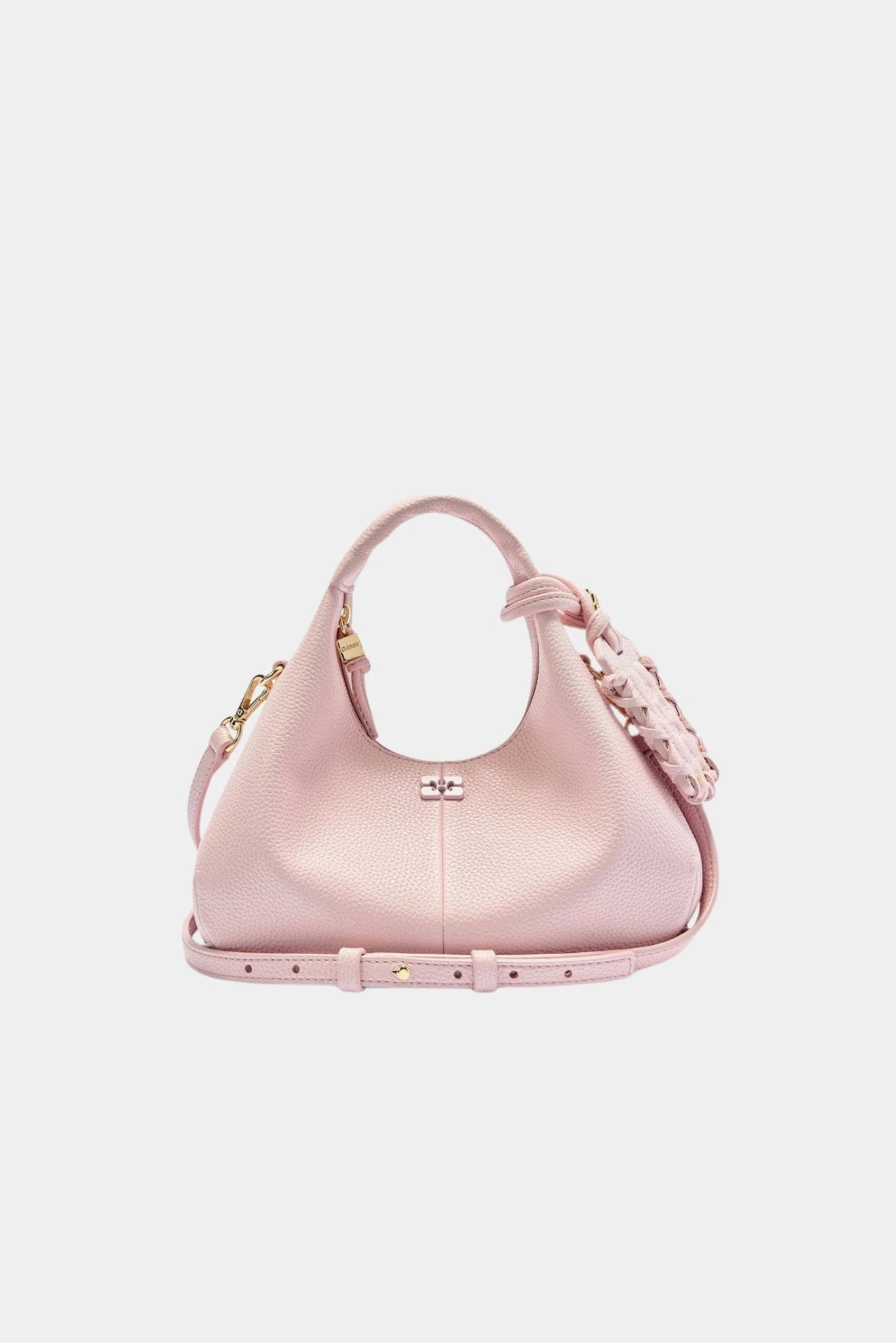 Bolsa Ganni Hobo Mini rosa-claro com textura granulada e alça ajustável