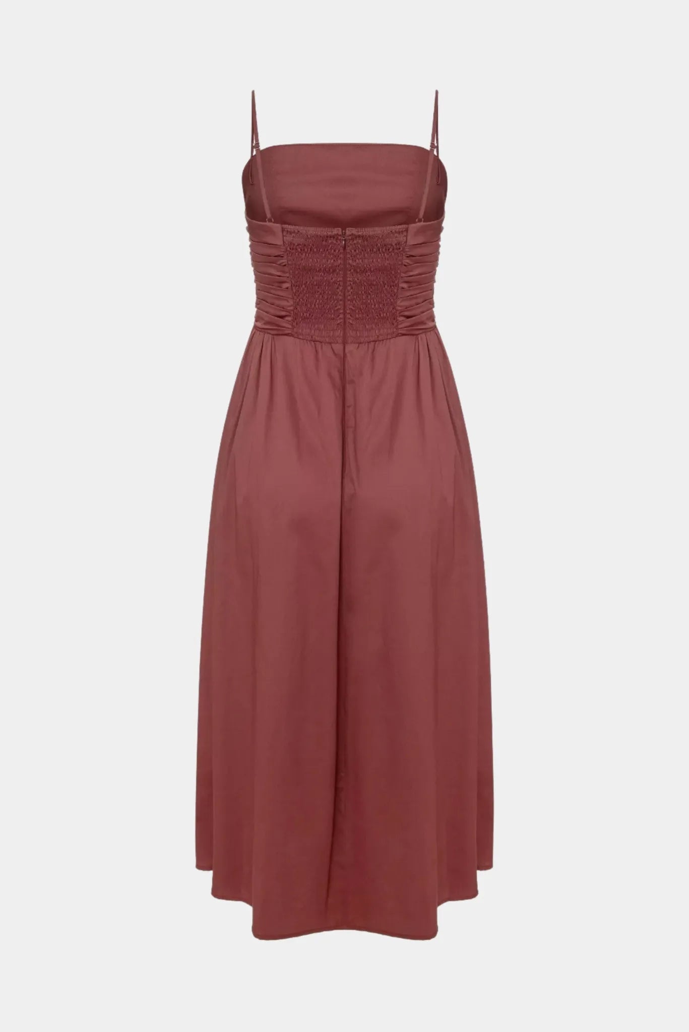 Vestido Midi Drapeado Sophie Gaia marrom com costas ajustáveis e modelagem feminina