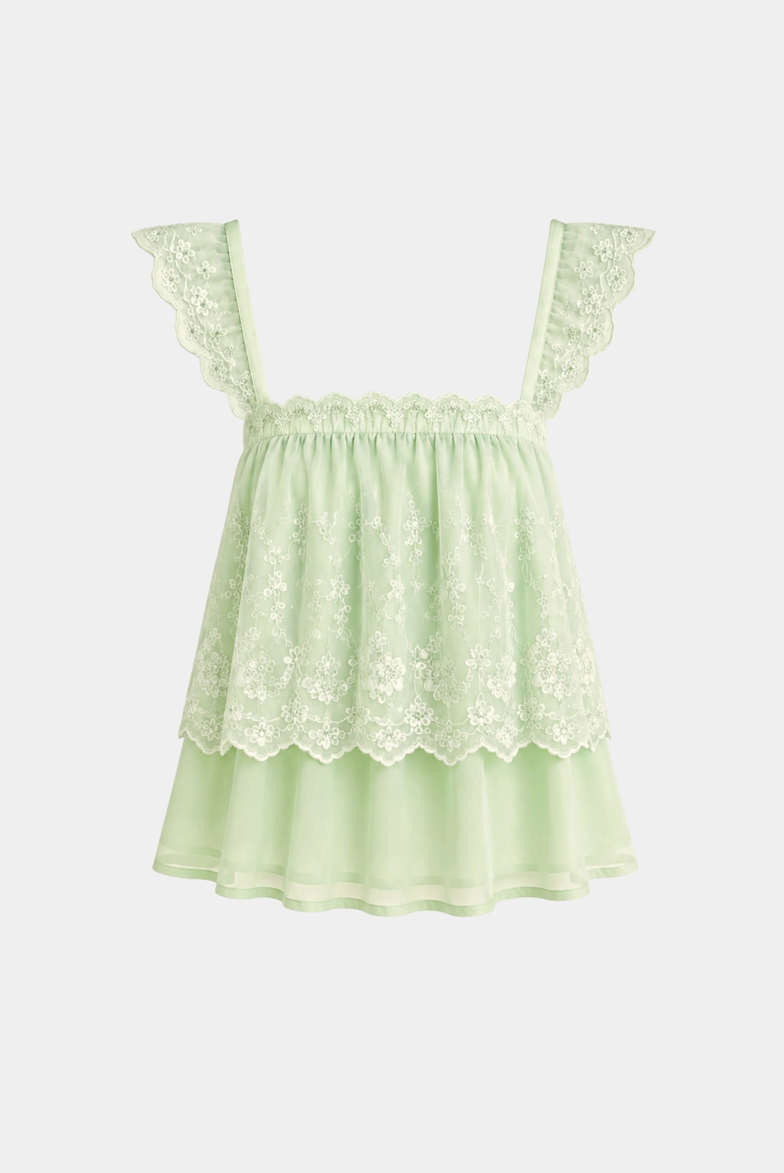 Blusa Cloe Gaia verde claro com renda floral e acabamento bordado delicado