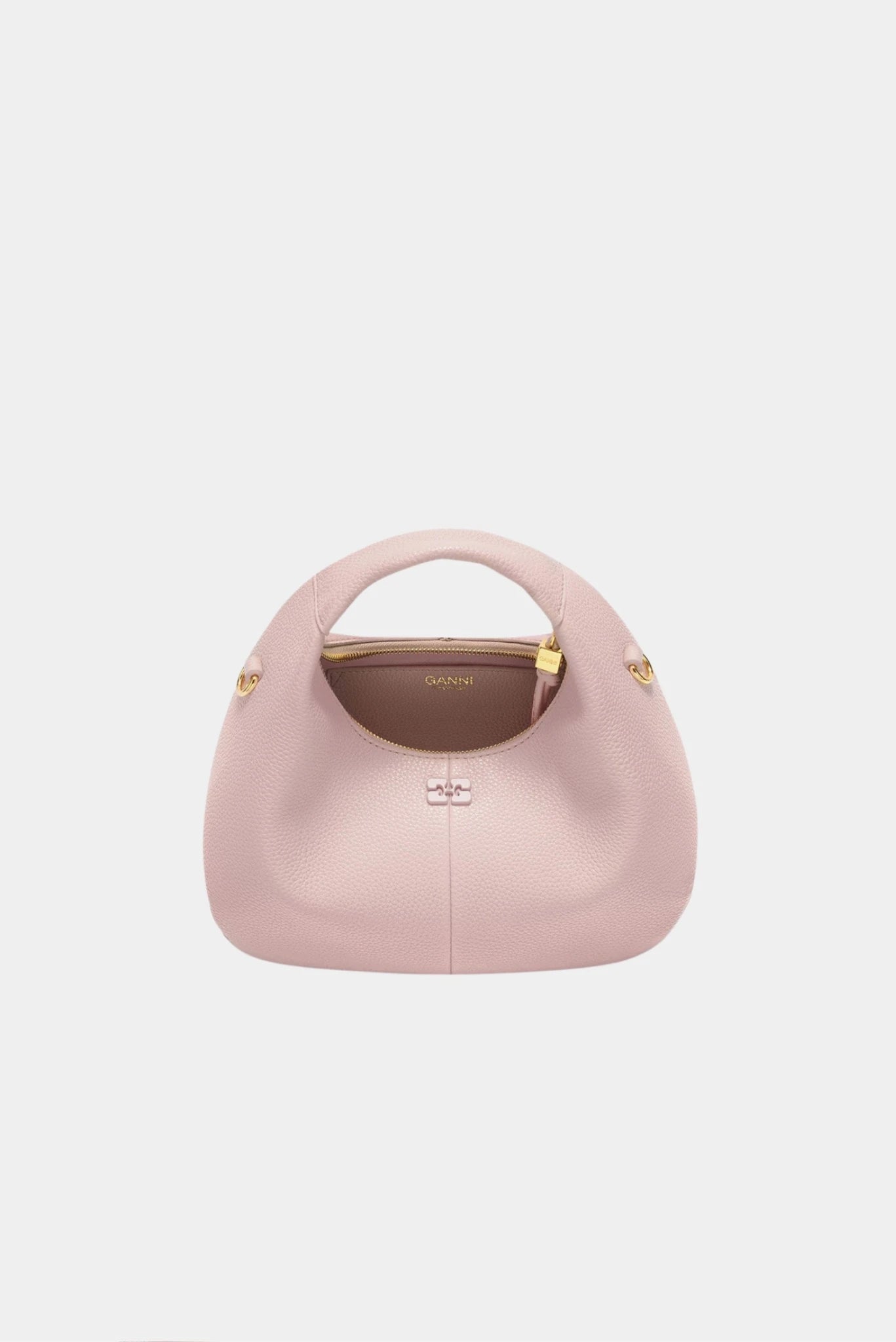 Bolsa Ganni Hobo Mini rosa com fechamento superior por zíper e design arredondado