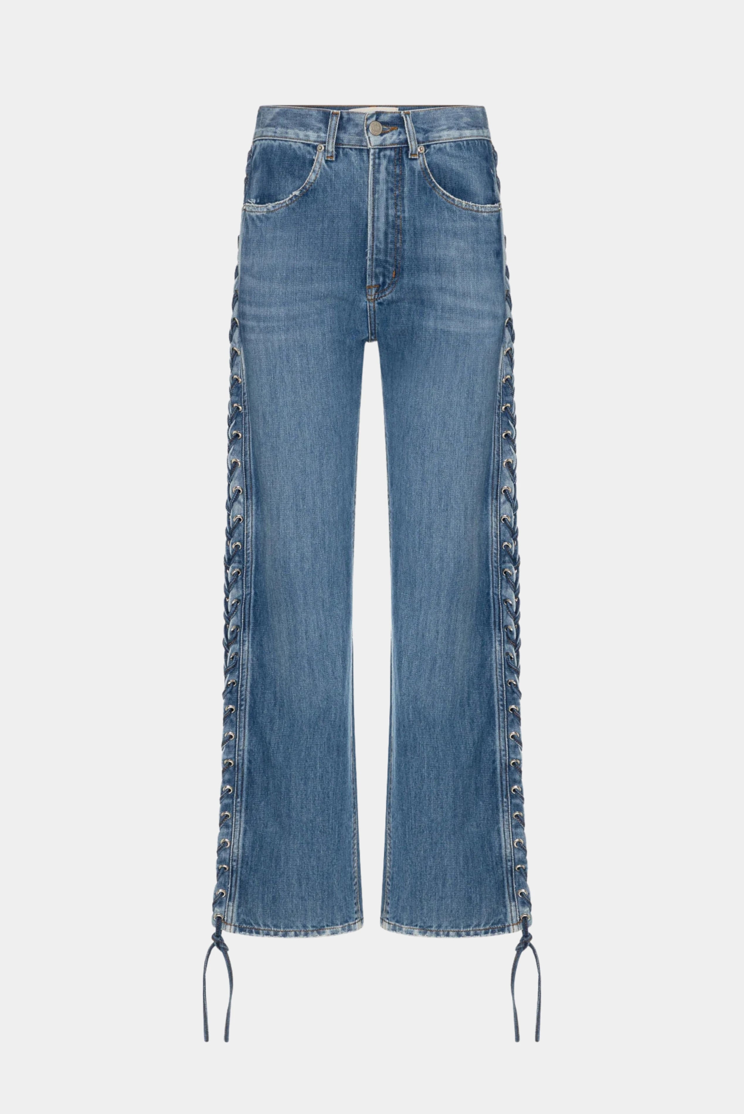 Calça jeans azul 90s de cintura alta com detalhe de ilhoses e amarração nas laterais