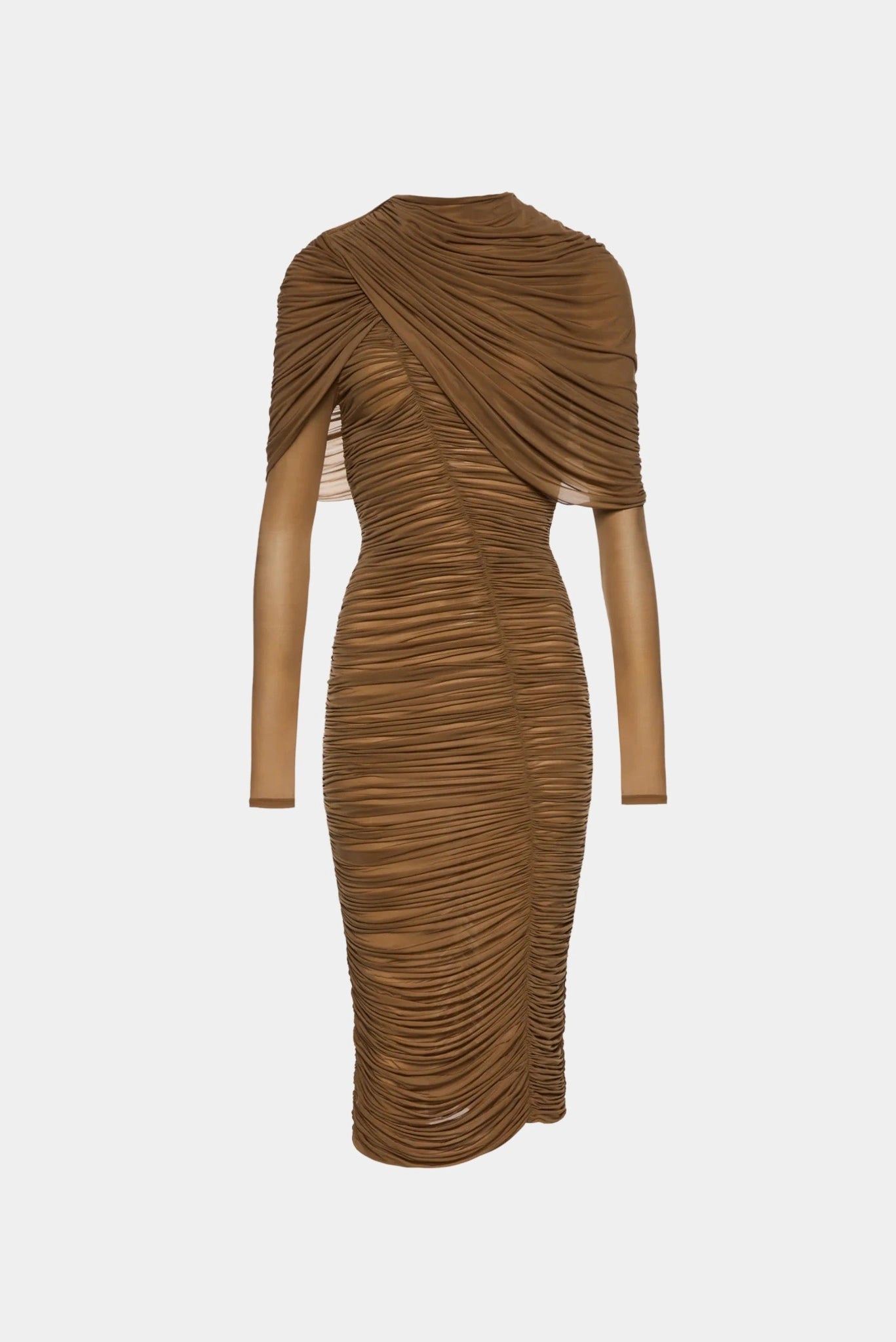 Vestido midi drapeado marrom Magda Butrym com mangas longas em tule e sobreposição plissada