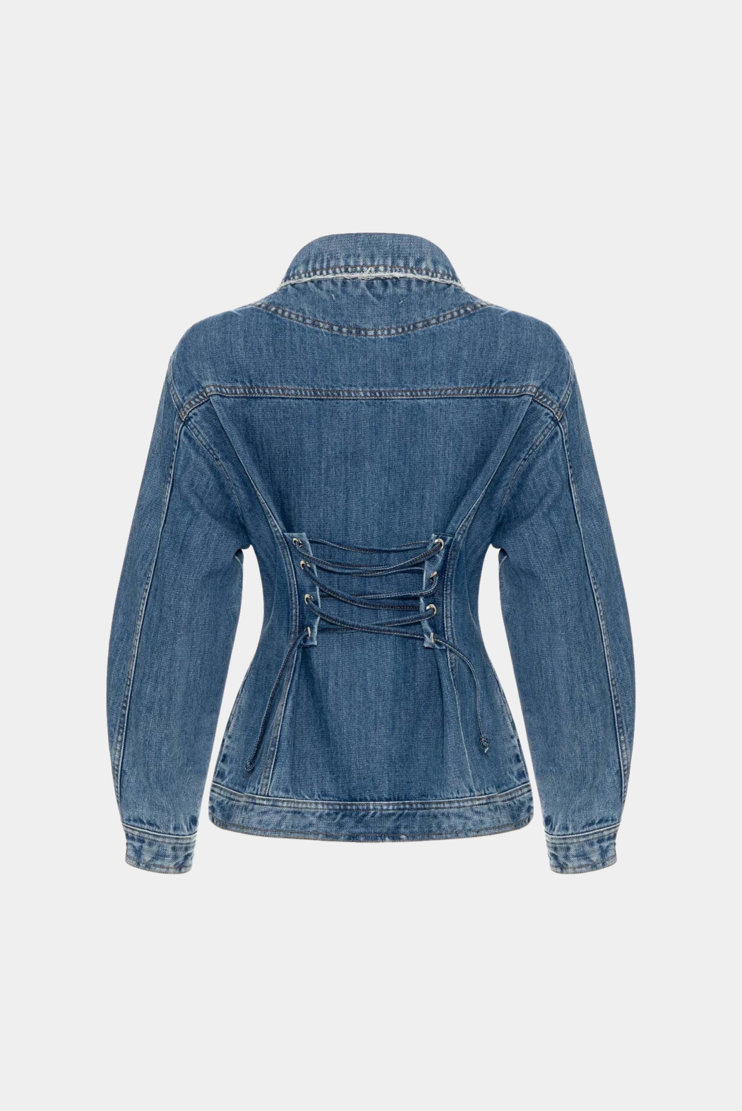 Jaqueta jeans azul com amarração traseira e modelagem ajustada na cintura