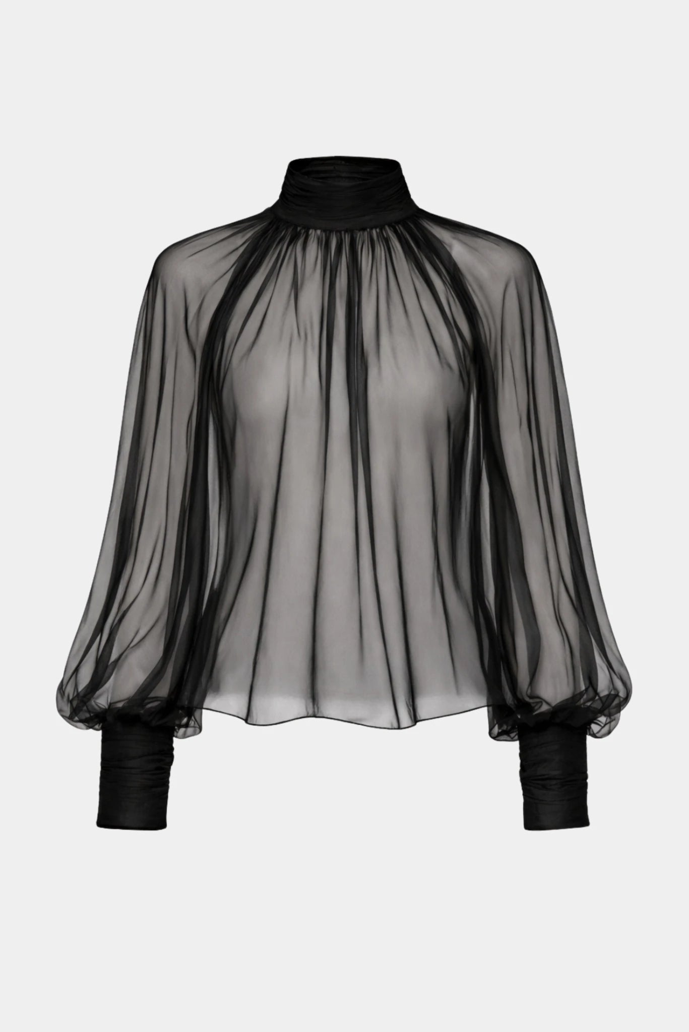 Blusa Francesca preta em seda translúcida com gola alta franzida e mangas amplas