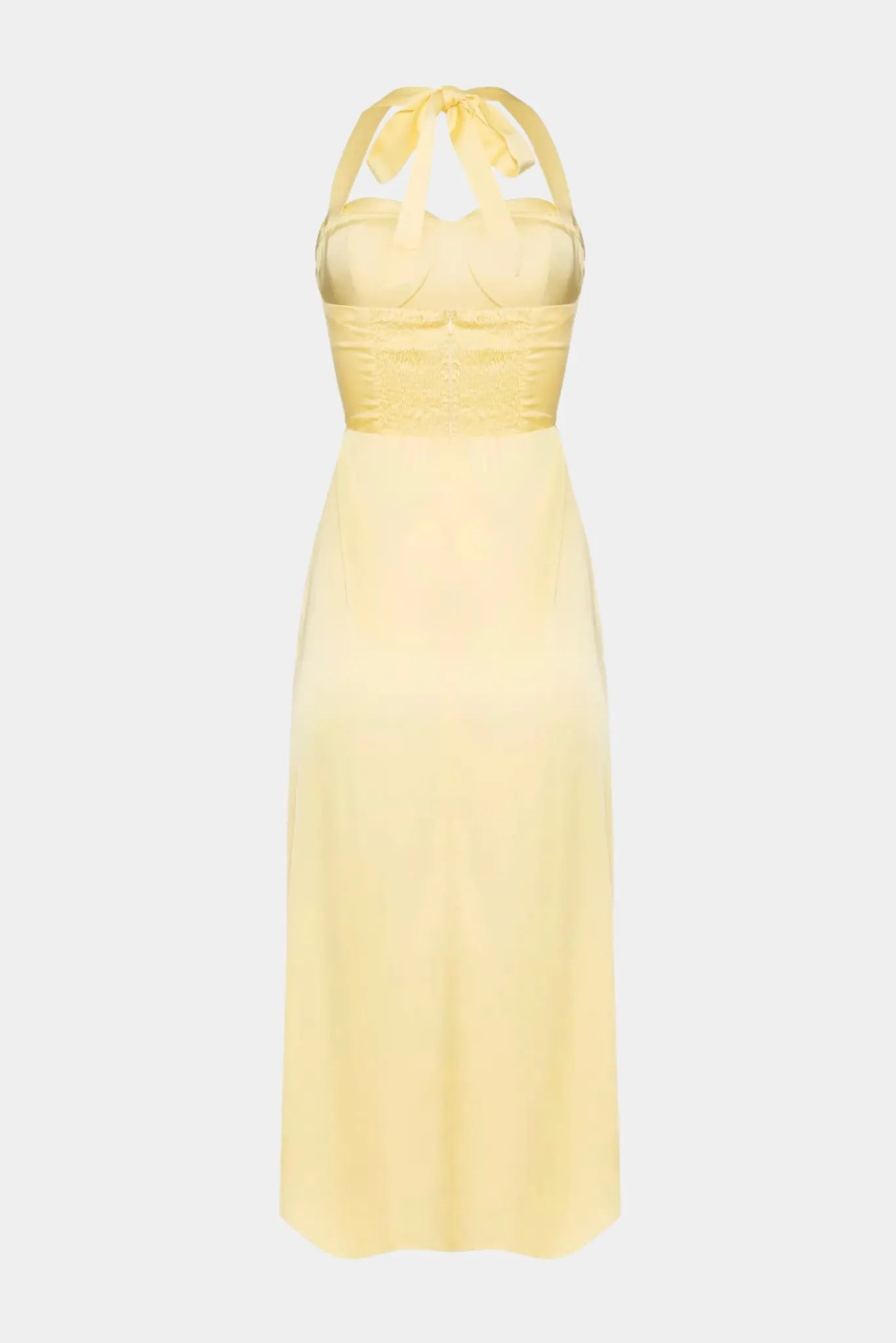 Costas do vestido midi Celine Gaia amarelo com amarração e lastex posterior