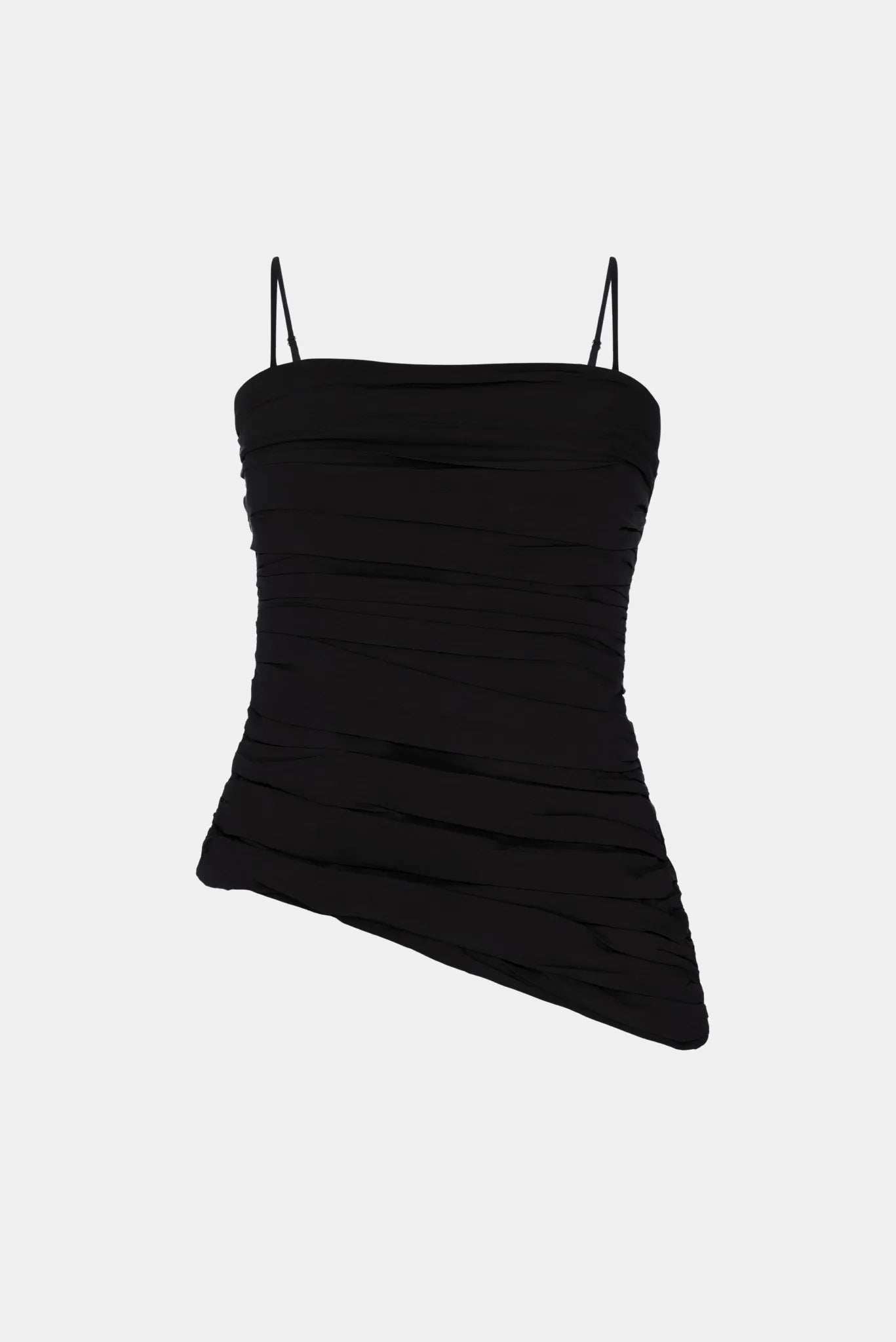 Top Drapeado Sophie MR preto com alças finas e modelagem assimétrica