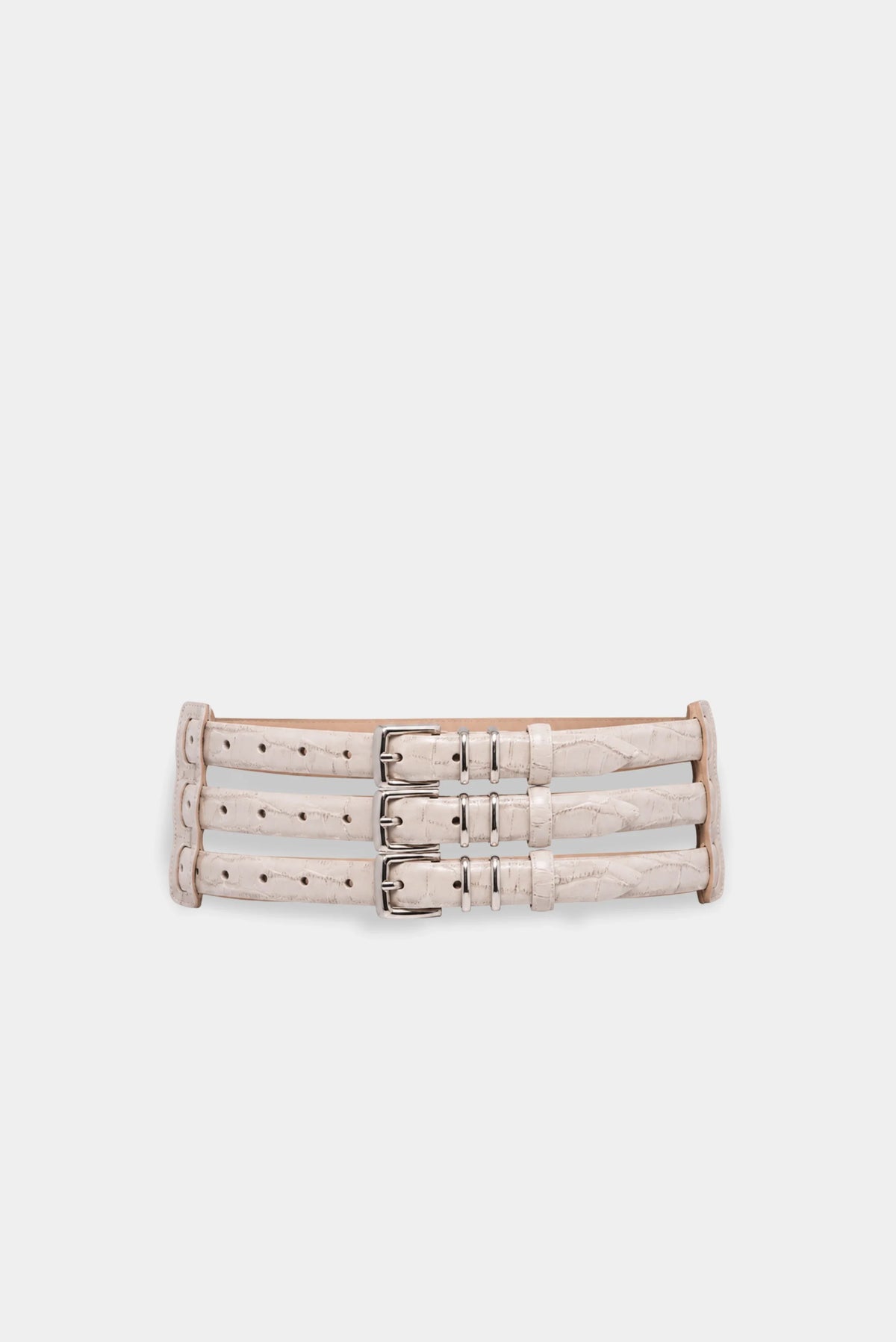 Cinto Triplo Croco Francesca off-white com três tiras e fivelas metálicas