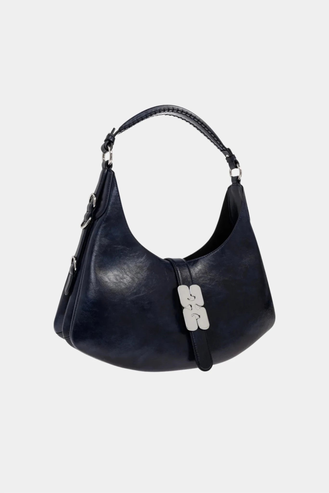 Bolsa Kat Pequena Ganni azul-marinho vista lateral com textura crinkle