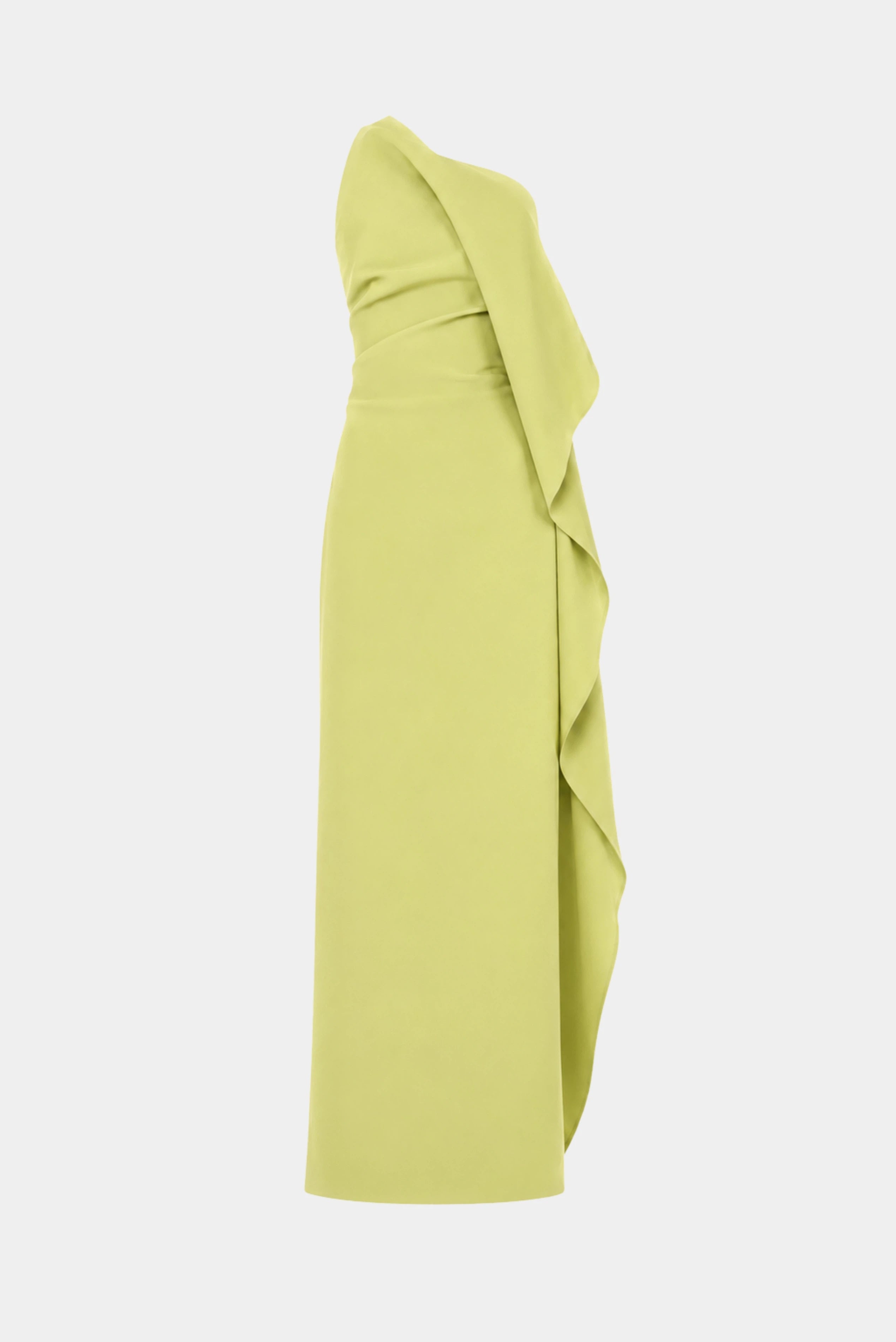 Vestido midi verde-lima de um ombro só com drapeado lateral e modelagem reta