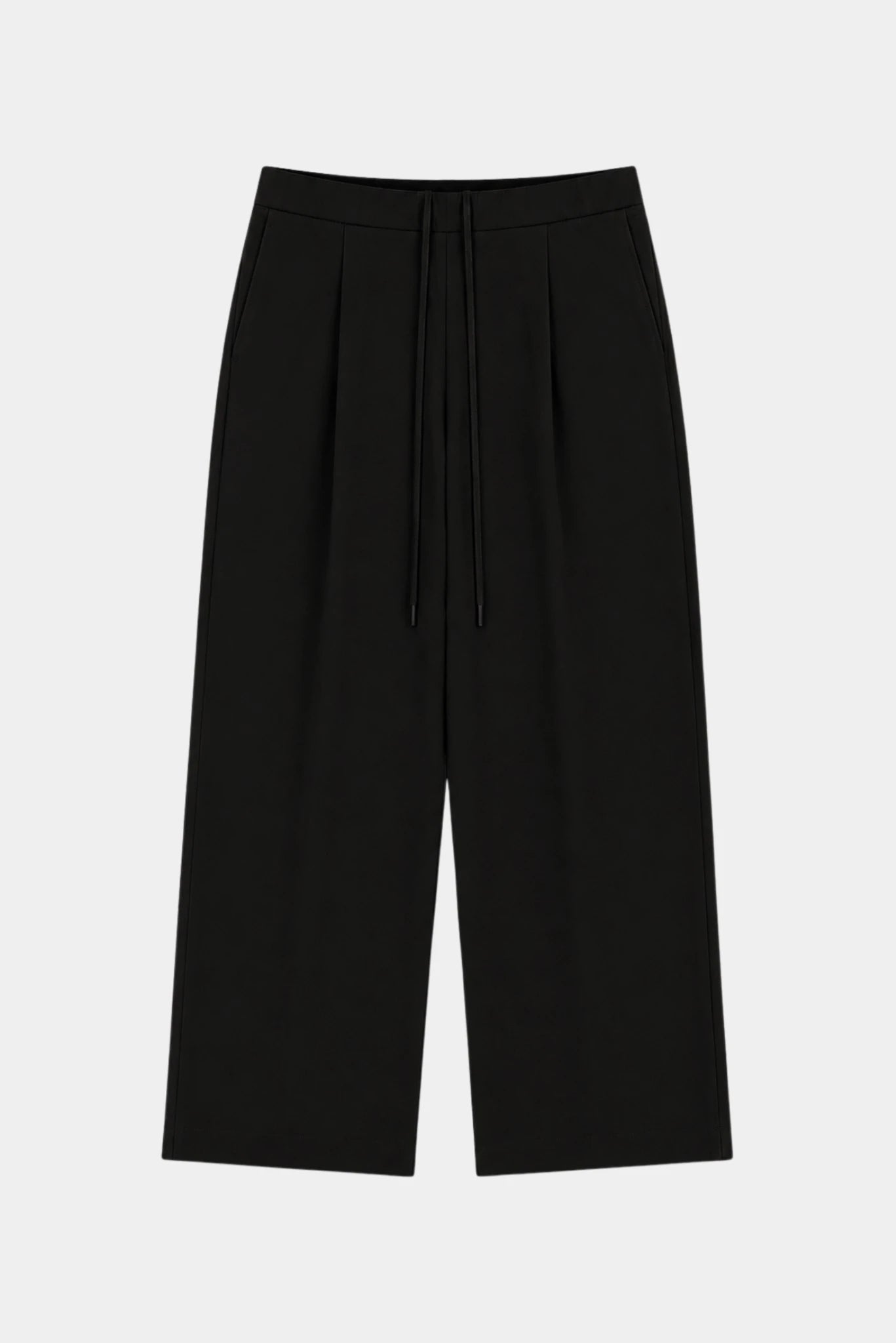 Calça alfaiataria ampla Kylie MR preta com pregas frontais e amarração frontal