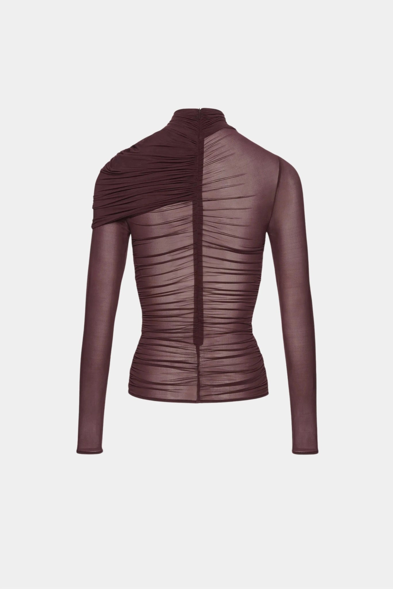 Vista posterior da blusa drapeada Magda Butrym em tule transparente com detalhe assimétrico
