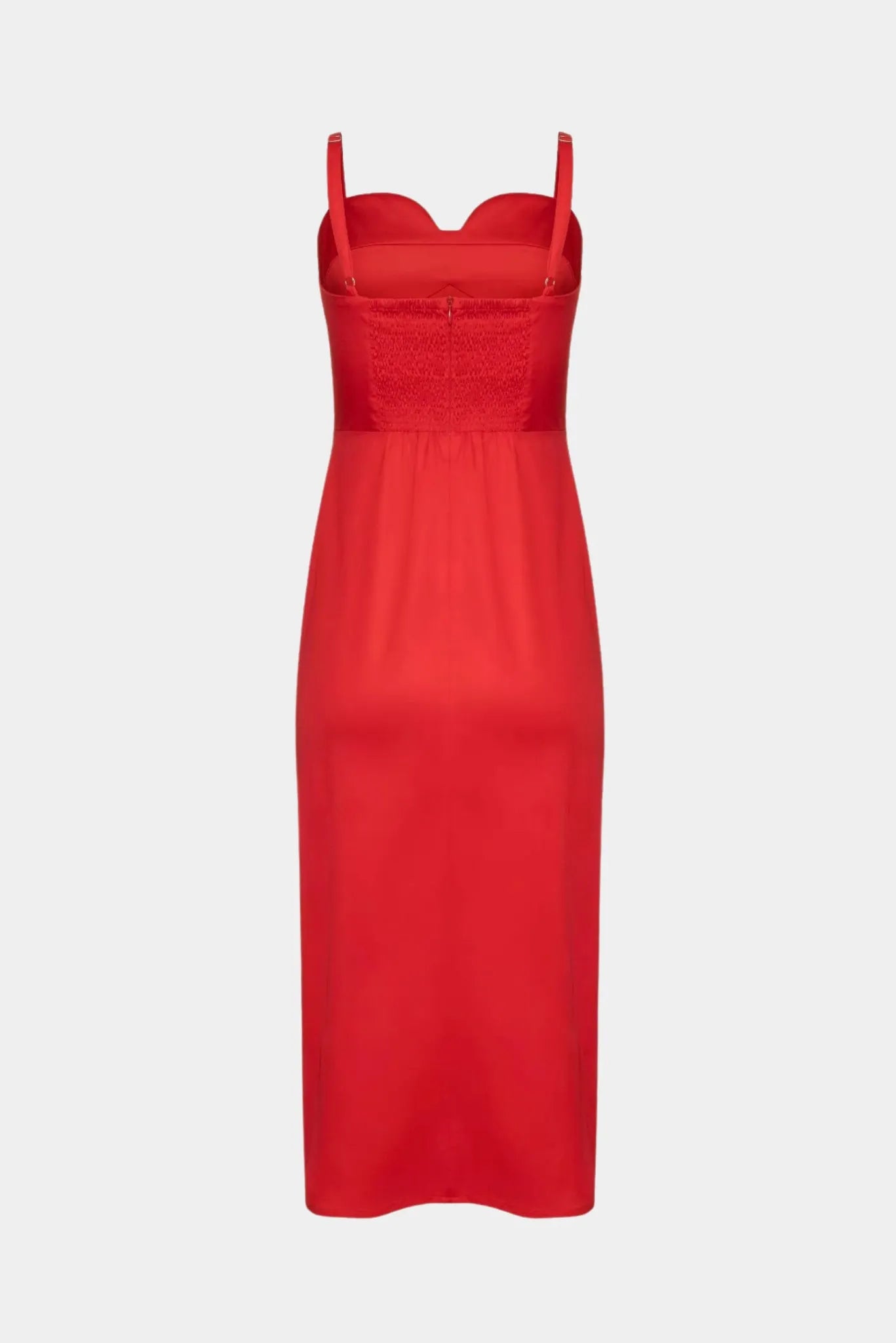Costas do Vestido Midi Lia Gaia vermelho com alças finas e painel em lastex