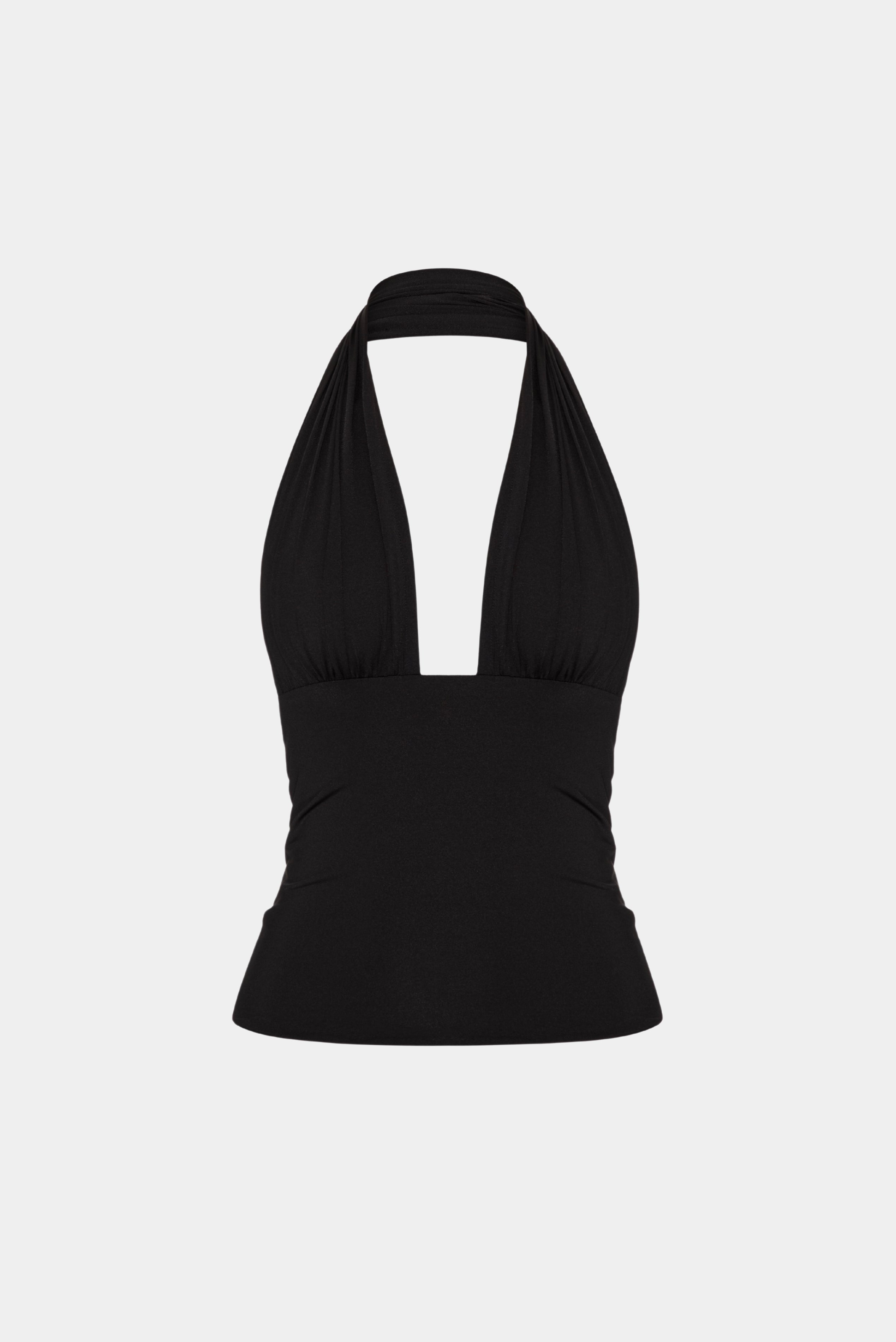 Top Fluity Iara MR preto com decote halter profundo e caimento ajustado